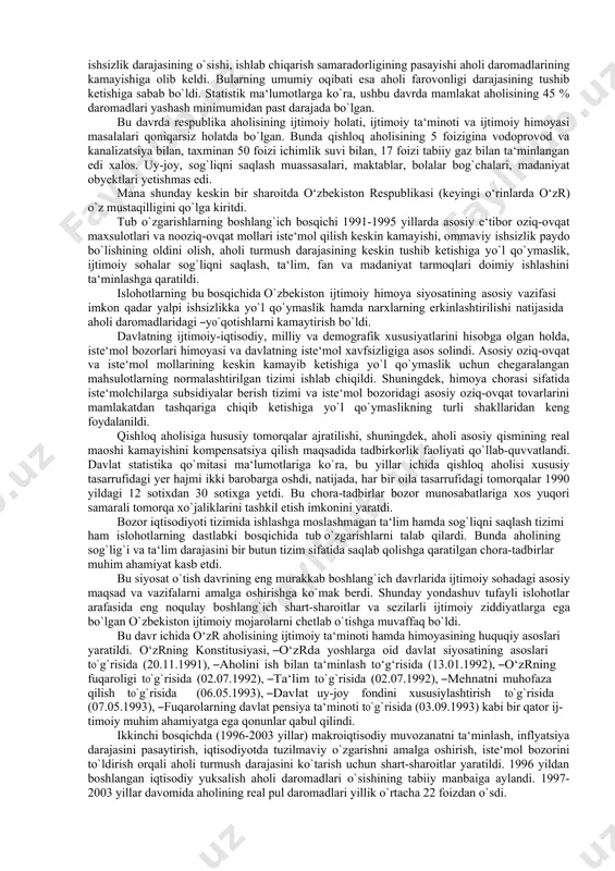 ssasalari, maktablar, bolalar bog`chalari, madaniyat obyektlari yetishmas edi. mana shunday keskin bir sharoitda o‘zbekiston respublikasi (keyingi o‘rinlarda o‘zr) o`z mustaqilligini qo`lga kiritdi. tub o`zgarishlarning boshlang`ich bosqichi 1991-1995 yillarda asosiy e‘tibor oziq-ovqat maxsulotlari va nooziq-ovqat mollari iste‘mol qilish keskin kamayishi, ommaviy ishsizlik paydo bo`lishining oldini olish, aholi turmush darajasining keskin tushib ketishiga yo`l qo`ymaslik, ijtimoiy sohalar sog`liqni saqlash, ta‘lim, fan va madaniyat tarmoqlari doimiy ishlashini ta‘minlashga qaratildi. islohotlarning bu bosqichida o`zbekiston ijtimoiy himoya siyosatining asosiy vazifasi imkon qadar yalpi ishsizlikka yo`l qo`ymaslik hamda narxlarning erkinlashtirilishi natijasida aholi daromadlaridagi ―yo`qotishlarni kamaytirish bo`ldi. davlatning ijtimoiy-iqtisodiy, milliy va demografik xususiyatlarini hisobga olgan holda, iste‘mol bozorlari himoyasi va davlatning iste‘mol xavfsizligiga asos solindi. asosiy oziq-ovqat va iste‘mol mollarining keskin kamayib ketishiga yo`l qo`ymaslik uchun chegaralangan mahsulotlarning normalashtirilgan tizimi ishlab chiqildi. shuningdek, himoya chorasi sifatida iste‘molchilarga subsidiyalar berish tizimi va iste‘mol bozoridagi asosiy oziq-ovqat tovarlarini mamlakatdan tashqariga chiqib ketishiga yo`l qo`ymaslikning turli shakllaridan keng foydalanildi. qishloq …
