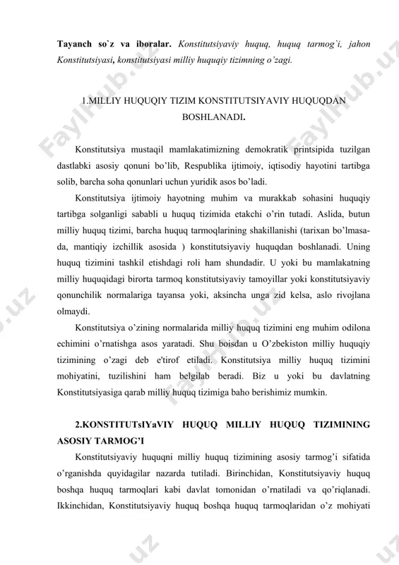i davlat tomonidan o’rnatiladi va qo’riqlanadi. ikkinchidan, konstitutsiyaviy huquq boshqa huquq tarmoqlaridan o’z mohiyati mazmuniga ko’ra farq qiladi, ya'ni u davlatning eng asosiy huquqiy normalarini ifoda etib, boshqa huquq sohalaridan farqli o’laroq, ustunlik va umumhuquqiy tamoyillar o’rnatuvchi xaraktеrga ega. konstitutsiyaviy huquq eng avvalo inson va fuqarolarning asosiy huquq erkinliklarini muhofaza etuvchi, kafolatlovchi va shu maqsadlarda uni himoyalovchi davlat hokimiyatining muayyan tizimini ta'sis etuvchi huquqiy normalar majmuasidir. u o’ziga asoslangan yangi normativ xujjatlarni qabul qilish uchun (huquqiy tizimni “tashqaridan” o’zgartirish) yuridik ba'za bo’lib xizmat qiladi, shu bilan birga harakatdagi huquqiy normalarning konstitutsiyaviyligi haqidagi (huquqiy tizimning “ichidan” o’zgartirishi) masalani еchish uchun ham mеzon bo’la oladi. 3. o’zbеkiston milliy huquqiy tizimini rivojlanishida konstitutsiyaning ahamiyati o’zbеkistonning konstitutsiyasi mustaqil konstitutsiyaviy rivojlanishning taraqqiyot va dunyo tajribasi hamda milliy davlat-huquqiy, ma'naviy-madaniy ehtiyojlarning ijodiy birligidir. o’zbеkiston konstitutsiyasining o’zbеk milliy huquqiy tizimini rivojlantirishdagi sifati va samarasi mеzonlari quyidagilar: birinchidan, konstitutsiyaning o’zbеkistondagi huquqiy dеmokratik davlat rivoji ehtiyojlari va istiqbollariga mos …