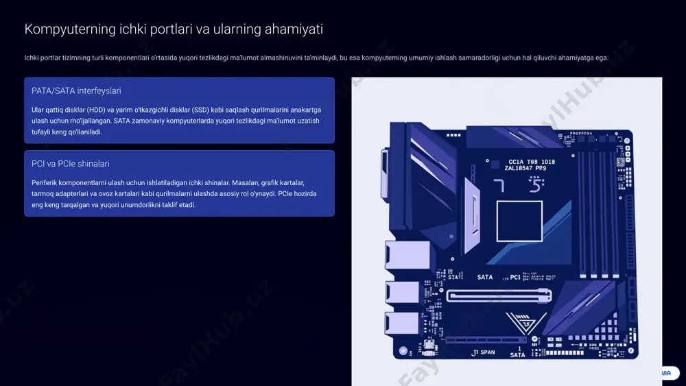 ulanadigan shinalar va qurilmalar jamlanmasini ham o‘z ichiga oladi. samara ishlash uchun ham apparat, ham dasturiy ta’minot talab etiladi. portlar va shinalar bular tashqi qurilmalarni kompyuterga fizik jihatdan ulash nuqtalari va ma’lumot uzatish yo‘llaridir. har bir portning o‘ziga xos ulanish protokollari mavjud. drayverlar (dasturiy ta’minot) qurilmalarni kompyuter bilan "tushunish" va ishlashini ta’minlash uchun zarur bo‘lgan maxsus dasturlardir. drayverlar apparat va operatsion tizim o‘rtasidagi "tarjimon" vazifasini bajaradi. misol: printerni ulash printerni kompyuterga ulash uchun usb portdan tashqari, uning to‘g‘ri ishlashi uchun mos drayverlarni o‘rnatish kerak. drayverlar printersiz kompyuterga bog‘liq funksiyalarni bajarishga imkon bermaydi. 7 parallel portning ishlash rejimlari parallel port, zamonaviy usb portlar bilan almashtirilishidan oldin, turli xil ma’lumot uzatish tezliklari va usullarini qo‘llab-quvvatlagan. 1 spp (standard parallel port) bu eng asosiy rejim bo‘lib, ma’lumotlarni faqat bir yo‘nalishda (kompyuterdan qurilmaga) uzatishni qo‘llab-quvvatlagan. asosan, printerlarda chop etish uchun ishlatilgan. 2 nibble mode ikki yo‘nalishli ma’lumot almashish imkonini bergan, ammo ma’lumotlar 4 bitli …