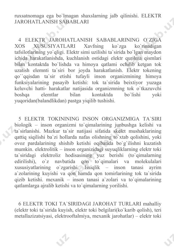 nadi: ii – inson tanasidan o`tuvchi elektr toki(а); ri – inson tanasining qarshiligi (ом); 8 8 elektr toki ta`sirida kuyish jarohati turlari elektr toki ta`sirida (kontaktli) – inson tanasi orqali o`tuvchi tok ta`sirida yuzaga keladi – jabrlanuvchilarning 38 % ni tashkil etadi; yoyli – inson tanasiga elektr yoyi ta`sirida yuzaga keladi. jabrlanuvchilarning – 25 % ni tashkil etadi. elektr ta`sirida kuyish darajalari i darajali – terining qizarishi; ii darajali – teri yuzida qavariqlarning paydo bo`lishi; iii darajali – terining ko`mirga aylanishi va o`lishi; iv daraja – teri ostidagi to`qimalar va suyaklarning ko`mirga aylanishi. 9 9 elektr toki tasirida inson terisiga metallning ta`siri elektr yoy ta`sirida erigan metall bo`lagining inson terisiga kirib qolishi. teri metallizatsiyasi. katta kuchlanish ta`siridagi ajratish qurilmalari va uskunalari qaysi ranga va qaysi turdagi metalldan tayyorlanganiga bog`liq. yashil – qizil rangdagi mis bilan kontaktda yuzaga keladi. ko`kimtir- yashil – latundan tayyorlangan yuzalar bilan kontaktda; kulrang- sarg`ish- qo`rg`oshin bilan …
