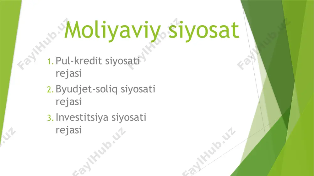 ishi mumkin. moliyaviy siyosatning keng qamrovli tushunchasi moliyaviy siyosat davlatning iqtisodiyotni tartibga solish uchun daromad va xarajatlarni boshqarish bo‘yicha amalga oshiradigan chora-tadbirlar majmuidir. bu siyosat mamlakatning iqtisodiy rivojlanishiga, inflyatsiya va ishsizlik darajasiga, daromadlarni qayta taqsimlashga bevosita ta’sir qiladi. moliyaviy siyosat davlatning iqtisodiyotni tartibga solish uchun daromad va xarajatlarni boshqarish bo‘yicha amalga oshiradigan chora-tadbirlar majmuidir. moliyaviy siyosatning keng qamrovli tushunchasi bu siyosat mamlakatning iqtisodiy rivojlanishiga, inflyatsiya va ishsizlik darajasiga, daromadlarni qayta taqsimlashga bevosita ta’sir qiladi. ijtimoiy tenglikni ta’minlash – ijtimoiy dasturlar va progressiv soliqlar orqali turmush darajasidagi tafovutlarni kamaytirish. davlat budjetining barqarorligini saqlash – davlat qarzi va budjet defitsitini nazorat qilish. moliyaviy siyosatning asosiy vositalari soliq siyosati soliq siyosati davlatning iqtisodiyotni tartibga solishdagi muhim instrumentlaridan biridir. u orqali iqtisodiyotga turli yo‘nalishlarda ta’sir ko‘rsatiladi: ekspansion soliq siyosati – iqtisodiy faollikni oshirish uchun soliqlar pasaytiriladi. restriktiv soliq siyosati – inflyatsiyani nazorat qilish uchun soliqlar oshiriladi. soliqlarning turlari: progressiv soliq – daromadi yuqori shaxslardan …