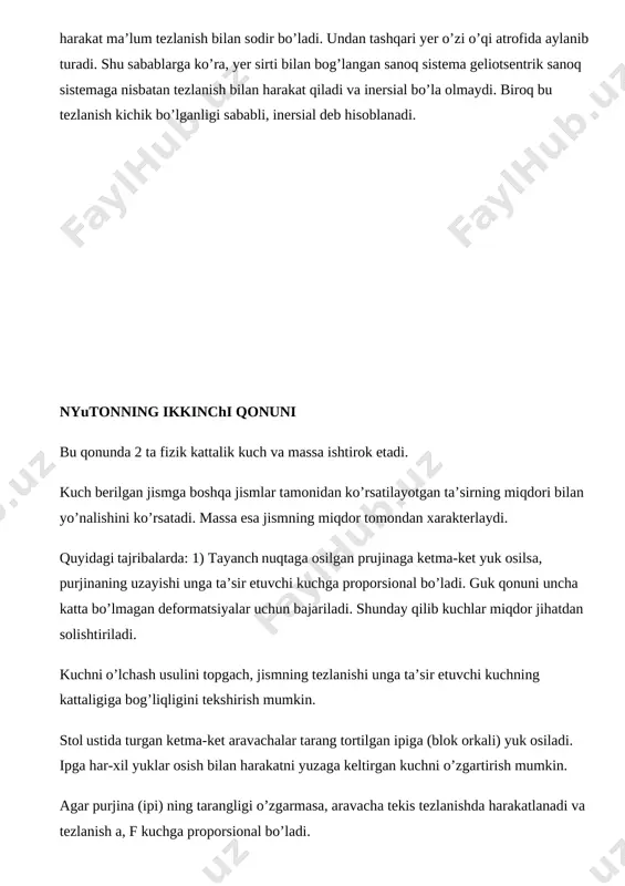 proporsional bo’ladi . guk qonuni uncha katta bo’lmagan deformatsiyalar uchun bajariladi . shunday qilib kuchlar miqdor jihatdan solishtiriladi . kuchni o’lchash usulini topgach , jismning tezlanishi unga ta’sir etuvchi kuchning kattaligiga bog’liqligini tekshirish mumkin . stol ustida turgan ketma-ket aravachalar tarang tortilgan ipiga ( blok orkali ) yuk osiladi . ipga har-xil yuklar osish bilan harakatni yuzaga keltirgan kuchni o’zgartirish mumkin . agar purjina ( ipi ) ning tarangligi o’zgarmasa , aravacha tekis tezlanishda harakatlanadi va tezlanish a, f kuchga proporsional bo’ladi . a~f (1). ikkita jismning o’zaro ta’sir kuchi : f 1 f 2 = a 1 a 2 (2) bo’ladi . jismning massasi : m ~ f a (3) ga proporsianal . u vaqtda 2 ta jismning massalari bilan ularning tezlanishlari orasida : m 1 m 2 = a 1 a 2 (4) bog’lanish mavjud . (1) ni quyidagicha yozish mumkin : a = k f m (5) …