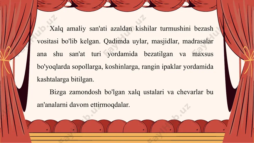 n'atida qo'llaniladi. shuningdek, amaliy san'atda qo'llaniladigan boshqa misollarni ham ko'rsatish mumkin. masalan: anor to'kinchilik va to'kin-sochinlik ramzi; anorgul kulolchilik, misgarlik, kashtachilik, to'qimachilik, naqqoshlikda ko'p ishlatiladi; bodom - baxt-iqbol ramzi; zirk guli juda chiroyli yaproqli gul, o'rta osiyo naqshlarida qadimdan ajdodlarimiz tomonidan osoyishtalik va umrboqiylik ramzi sifatida qo'llanilib kelinadi. kabutar — tinchlik va osoyishtalik, oygul - baxt-iqbol ramzi. gul, butoq, daraxt singari islimiy naqshlar ramziy ma'nolarni o'zida mujassam etgan. masalan, gullagan bog' ramzi — hayotning go'zalligi, baxt, farovonlik kabi sifatlarga bog'langan. to'lqinli o'simlik poyasi — tinimsiz ijod va tabiat tarovati, to'lqinlar shiddatli hayot oqimi, gul esa yorug` olam go'zalligi kabi ramziy ma'nolarni anglatadi. quyidagi rasmlarda oddiy tabiiy shakllami badiiylashtirish tasvirlangan. naqqoshlikda g'uncha elementi ham ko'p qo'llaniladi (23-rasm). u hayotning davomiyligi, ajdodlar o'rnini avlodlar egallab borishini anglatadi. lola ham bahor, yoshlik va jo'shqinlik alomati sifatida ko'p qo'llaniladigan element hisoblanadi (21-a rasm). tabiatdan olingan barg ham naqsh kompozitsiyasini to'ldiruvchi va uning jozibasini oshiruvchi …