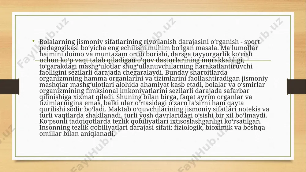 ifatini yaxshilash (bunga 46,4 % ovoz bergan) qurolli kuchlar safini sihat-salomat tarkib (kontingent) bilan shakllantirishning asosiy chorasi hisoblanadi. respondentlarning ozchilik qismi (7 %) bo‘sh vaqtini tashkillashtirilgan (to‘garaklar, sport seksiyalari) tadbirlar mashg‘ulotlarida shug‘ullanishga, ularning ko‘pchiligi (69,3 %) esa o‘zi bilan o‘zi band. yoshlar o‘zlarini bo‘sh vaqtlarining asosiy katta qismini do‘stlari bilan o‘tkazadilar, bularning o‘zaro muloqot qilish shakli esa tasodifiy («bekorchilikdan shunday sayr qilish», «vaqtni o‘tkazish», «do‘stlarim bilan muloqot qilaman») xarakteriga ega. jismoniy mashqlarni, umumiy holda, quyidagi 4 ta asosiy guruhlarga ajratish mumkin: 1. sport mashqlari - bu musobaqa predmeti sifatida ishtirok etadigan harakatlantiruvchi harakatlar. ular jismoniy tayyorgarlik tizimida, harakatlarni mukammal bajarish san’atini egallashda, inson ruhiyatining ayrim tomonlarini hamda hayvonlar va mashinalarni boshqarish jarayonida ishtirok etadi. 2. gimnastik mashqlar mehnat, jangovar, sport va maishiy harakatlar elementlari hamda ularning birikmalaridan tashkil topgan boiadi. 3. 0 ‘yinlar fabula (fabula - adabiy asardagi voqealarning mazmuni), qoidalar, o‘yinchilarning roli va jamoa a’zolarining o‘rtasida majburiyatlarni taqsimlanishi bilan …