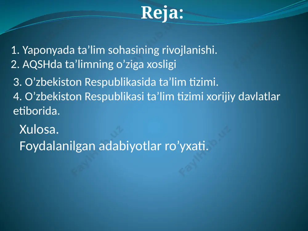 xborot-kommunikatsiya vositasi orqali dars o’ta oladigan o’qituvchilar tarkibini yaratish yaponyada o’quv yili – 240 kun aqshda – 180 kun. o’zbekistonda zamonaviy ta’lim tizi hozirgi kunda juda jadal rivojlanmoqda. xulosa shuni xulosa qilish mumkinki o’zbekistonda ta’lim sohasini rivojlantirish bo’yicha xorijiy tajribalardan foydalanishmoqda misol uchun hozirgi kunda o’zimizga masofaviy ta’lim tizimiga o’tishni boshladik. ta’lim tizimiga juda katta etibor qaratilga. malakali kadirlar tayorlash ularni ish bilan taminlash yoshlarni o’qish va siportga jalb qilishga etibor berilmoqda. e’tibor uchun tashakkur image2.png image3.png image4.jpeg image5.png /docprops/thumbnail.jpeg