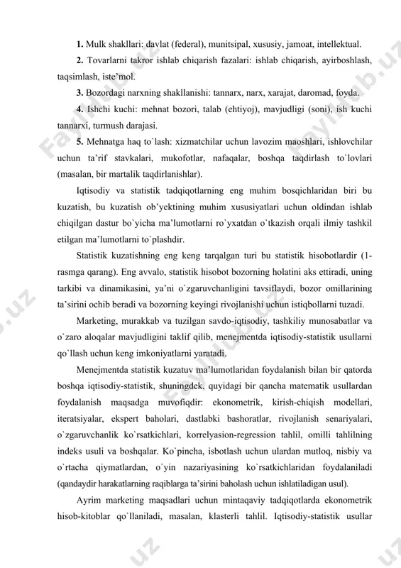anday va qanday sur’at bilan rivojlanayotgani, u qanday sharoitlarda mavjud va qanday sabab-oqibat omillari uning faoliyatini belgilashini aniqlash zarur. chakana savdo aylanmasini tavsiflash uchun ko`rsatkichlar tizimidan foydalaniladi (2-rasmga qarang). savdo tashkilotlari menejmentida bozor holatining umumlashtirilgan xususiyatlarini, ishbilarmonlik faolligi indekslarini, sotish va narxlarning o`zgaruvchanlik darajasini (o`zgaruvchanlik koeffitsienti), shaxsiy iqtisodiy mavqeining tadbirkorlik baholarini, shu jumladan, tovarlarni yetkazib berishga buyurtmalarni baholashni, jismoniy sotish dinamikasini, tadbirkorlik ishonchining ko`rsatkichlarini, tovarlarning raqobatbardoshligini hisobga olish zarur (4.3-rasmga qarang). tovarlar savdosi rivojlanishini aks ettiruvchi jarayonlarni kuzatib borish va savdo faoliyati bilan shug`ullanuvchi tashkilotlar marketing xizmatlarining uslubiy va tahliliy ehtiyojlarini ta’minlaydi, ular marketing bo`yicha mutaxassislar va menejerlarga samarali menejment qarorlarini qabul qilish uchun tavsiyalar beradi. shunday qilib, iqtisodiy-statistik menejment usullari savdo tashkilotlari faoliyatini maqbul boshqarish uchun zarurdir. tashkiliy va tartibga solish usullari asosiy narsa jazolash emas, balki harakat qilishga majburlashdir. a.p. lukashin menejmentda tashkiliy va tartibga solish usullari bir xil darajada muhimdir. rasmdan ko`rinib turibdiki, ilmiy yondashuv uch bosqichdan …