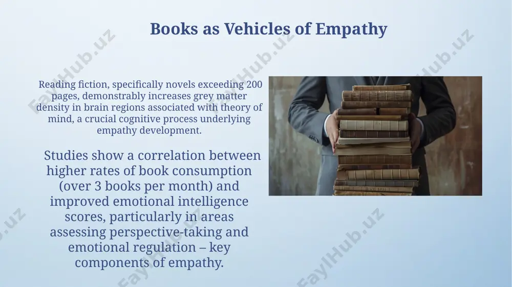 of a stable and positive self-identity. books in education and society studies show a strong correlation between high rates of book readership and improved literacy scores, with children reading 6+ books annually demonstrating a significant advantage in standardized tests compared to their peers. access to diverse books, encompassing at least 3 different genres and representing various cultures, significantly enhances critical thinking skills and promotes empathy in students, fostering a more inclusive classroom environment. thank you for your attention @taqdimot_robot image4.png image5.jpg image6.jpg image7.jpg image8.jpg image9.jpg image10.jpg image11.jpg image12.jpg image13.jpg image3.jpeg