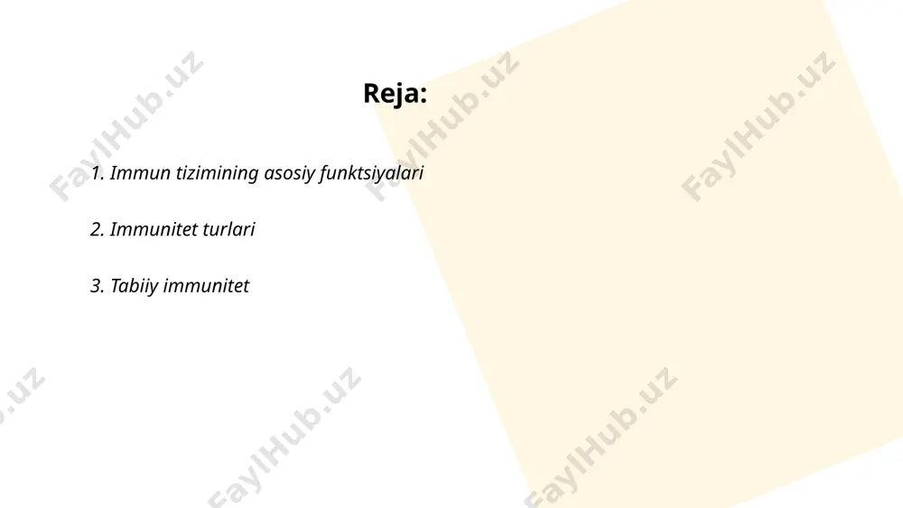 allikni boshidan kechirish orqali rivojlanadi. immun tizimi bakteriyalar, viruslar va zamburug‘lar kabi patogenlardan himoya qiluvchi hujayra va moddalardan tashkil topgan. immun tizimining asosiy qismini leykotsitlar (oq qon tanachalari) tashkil qiladi va ular organizmda 4000 dan 11000 gacha miyikrop nug‘ralarini yok qiladi. organlar va to‘qimalar, masalan, taloq, suyak iligi va limfa tugunlari, immunitetni qo‘llab-quvvatlaydi. tabiiy immunitet stress, yomon ovqatlanish va uyqu yetishmovchiligi sababli pasayishi mumkin. vaksinalar va sog‘lom turmush tarzi bilan immun tizimini mustahkamlash mumkin. ... t.me/slaydai_bot orttirilgan immunitet inson tanasining kasalliklarga nisbatan rivojlangan himoya mexanizmidir. ushbu immunitet turi antijenlarga nisbatan tanada antitanalar va t hujayralar hosil bo‘lishi orqali shakllanadi. orttirilgan immunitet ikki turga bo‘linadi: faol va passiv. faol immunitet infeksiyalar yoki emlashlar orqali olingan bo‘lib, uzoq muddatli himoya ta’minlaydi. passiv immunitet esa tayyor antitanalar orqali olingan bo‘lib, qisqa muddatli himoya beradi. odatda, faol immunitet bir necha hafta ichida rivojlanadi va yillar davomida saqlanishi mumkin, passiv immunitet esa bir necha hafta …