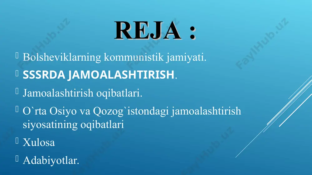 an korxonani musodara qila olar, egallab olar, shuningdek yopib qo’yar edi. 1918 – yilning bahoridan boshlab “yer to’g’risida”gi dekretni amalga oshirish boshlandi. barcha yer davlat mulki deb e`lon qilindi. pomeshchik yer egaligi tugatildi. yerni dehqonlarga taqsimlab berish boshlandi. yerga ishlov berishda yollanma mehnatdan foydalanish taqiqlandi. yerni taqsimlab berish jarayonida sovet hokimiyati faqat kambag’al dehqonlar manfaatini ko’zlab ish tutdi. bu esa o’rtahol va boy dehqonlarning keskin noroziligiga sabab bo’ldi. bolsheviklar quloqlarni qishloq burjuaziyasi, deb ham atashardi. tovar g’allaning asosiy qismi quloq xo’jaliklarida yetishtirilardi. sovet hukumati siyosatidan norozi bo’lgan quloqlar o’z g’allalarini davlat belgilagan narxda davlatga sotishdan bosh tortdilar. natijada, mamlakatda oziq-ovqat tanqisligi ro’y berdi. barcha markaziy sanoat gubernalarida ochlik boshlandi. petrograd va moskvada ishchilarga 50 grammdan non beriladigan bo’ldi. shunday sharoitda sovet hukumati g’alla yetishtiruvchi asosiy tabaqa  quloqlar bilan sog’lom aql nuqtayi nazaridan til topishish o’rniga zo’ravonlik siyosatini qo’llashga o’tdi. 1918-yilning mayidan boshlab mamlakatda oziq-ovqat diktaturasi o’rnatildi. oziq-ovqat komissarligiga (vazirligiga) …
