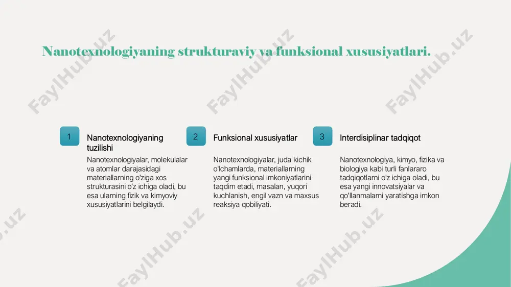 faza qilishda nanotexnologiyaning roli. nanotexnologiya va atrof-muhit nanotexnologiya atrof-muhitni muhofaza qilishda innovatsion yechimlar taqdim etadi, masalan, ifloslantiruvchi moddalarni kamaytirish va resurslarni tejash. suvni tozalash nanotexnologiyalar yordamida ishlab chiqilgan nanofiltrlar suvni tozalash jarayonini samarali va tezkor qiladi, bu esa ichimlik suvi sifatini oshiradi. ifloslanishni kamaytirish nanomateriallar sanoatdagi chiqindilarni kamaytirishga yordam beradi, ular ko'plab sanoat jarayonlarida energiya va materiallardan samarali foydalanishni ta'minlaydi. qayta ishlash va energiya nanotexnologiyalar qayta ishlash jarayonlarini takomillashtirib, energiya samaradorligini oshiradi, bu esa atrof-muhitga ijobiy ta'sir ko'rsatadi. xulosa 1 nanotexnologiyaning ahamiyati nanotexnologiyalar zamonaviy ilm-fan va texnologiyada inqilobiy o'zgarishlar keltirib chiqaradi. bu soha yangi imkoniyatlar yaratadi va istiqbolni belgilaydi. 2 tarixiy rivojlanish nanotexnologiyaning tarixi muhim kashfiyotlar bilan to'la. dastlabki bosqichlardan boshlab, bu soha tez rivojlanayotgan ilmiy tadqiqotlar bilan kengaymoqda. 3 kelajak istiqbollari nanotexnologiyalar kelajakda tibbiyot, energiya va atrof-muhitni muhofaza qilishda katta o'zgarishlar keltirishi mumkin. innovatsion yechimlar global muammolarni hal etishda yordam beradi. foydalanilgan adabiyotlar • 1. jumaniyazov i. n., niyazov …