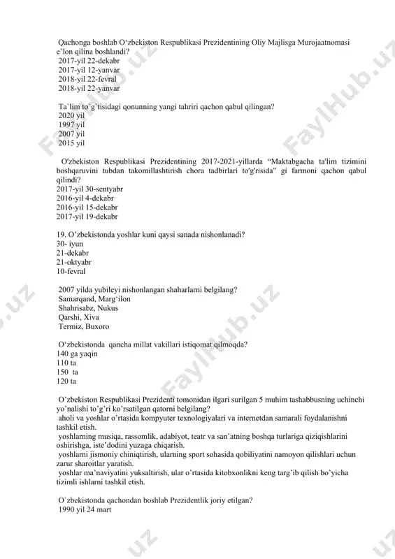 boshlab prezidentlik joriy etilgan? 1990 yil 24 mart 1991 yil 24 may 1990 yil 31 avgust 1992 yil 29 avgust respublikadamizda qaysi yili” kichik biznes va tadbirkorlik yili “deb e`lon qilindi? 2011 yil 2010 yil 2009 yil 2012 yil shanxay hamkorlik tashkilotiga o’zbekiston nechanchi yil a’zo bo’lgan? 2001 yil 2000 yil 1999 yil 1993 yil o’zbekistonda 1200 yillik yubileylari nishonlangan bobolarimizni ko’rsating. ahmad al-farg’oniy va imom abu iso termiziy. mirzo ulug’bek va xo’ja ahror valiy. bahouddin naqshbandiy va imom al-buxoriy ahmad al-farg’oniy va amir temur yangi o’zbekistonning taraqqiyot strategiyasida elektron davlat xizmatlarining ulushini necha foizga yetkazish belgilangan? 100 foiz 85 foiz 75 foiz 90 foiz o’zbekiston respublikasi prezidenti tomonidan ilgari surilgan 5 muhim tashabbusning to’rtinchi yo’nalishi to’g’ri ko’rsatilgan qatorni belgilang? yoshlar ma’naviyatini yuksaltirish, ular o’rtasida kitobxonlikni keng targ’ib qilish bo’yicha tizimli ishlarni tashkil etish. yoshlarning musiqa, rassomlik, adabiyot, teatr va san’atning boshqa turlariga qiziqishlarini oshirishga, iste’dodini yuzaga chiqarish. aholi va …