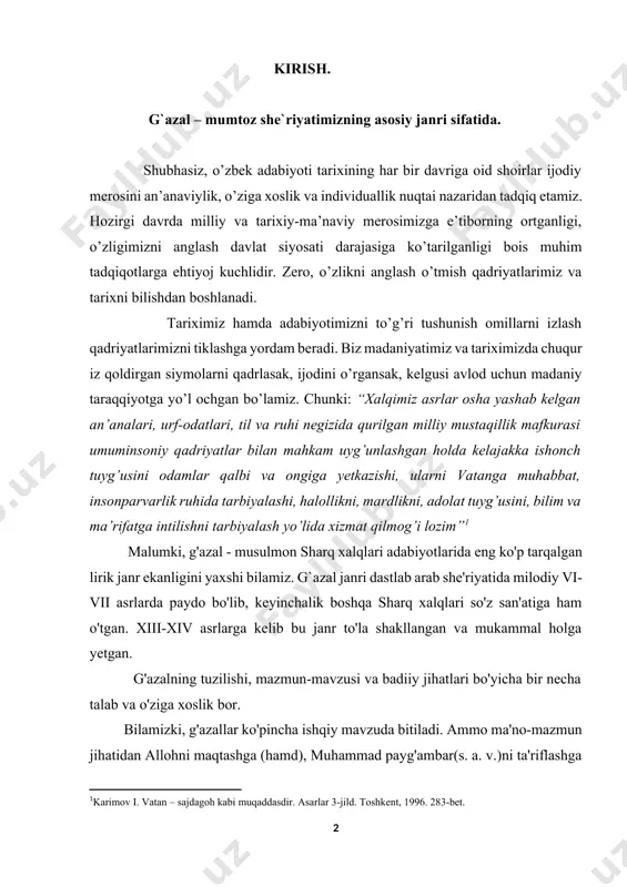 bo'yicha bir necha talab va o'ziga xoslik bor. bilamizki, g'azallar ko'pincha ishqiy mavzuda bitiladi. ammo ma'no-mazmun jihatidan allohni maqtashga (hamd), muhammad payg'ambar(s. a. v.)ni ta'riflashga (na't) bag'ishlangan, rindona (may va mayxona bilan bog'liq tasvirlarga asoslangan), orifona (pand-nasihat ruhidagi), tabiat go'zalliklaridan zavqlanish asosidagi (peyzaj) va boshqa g'azallar ham yoziladi. shuning uchun shoirlar bu janr namunalarida odam va olam, tabiat va jamiyatning turli-tuman murakkab tomonlarini yoritishga harakat qilganlar. navoiy bobomiz va boshqa ko'p shoirlarimiz ijodida, asosan, bu janrning 7 va 9 baytli namunalariga duch kelamiz. shu miqdor eng mukammal hajm deb qabul qilinadi. bir g'azal boshdan-oxir bir vaznda bitiladi. garchi alisher navoiy bobomiz ijodlarida aruzning turli bahrlarida yozilgan g'azallar uchrasa ham, o'zbek shoirlari g'azallarining ko'pchiligi, asosan, ramal, bir qismi esa hazaj bahrida bitilgan. boshqa bahrlarda juda kam yozilgan. g'azal baytlari - nisbiy ma'noda mustaqillikka ega. ya'ni har bir bayt imkon qadar til talablari bo'yicha tugallangan alohida jumladan iborat bo'lishi, umumiy matndan yulib …