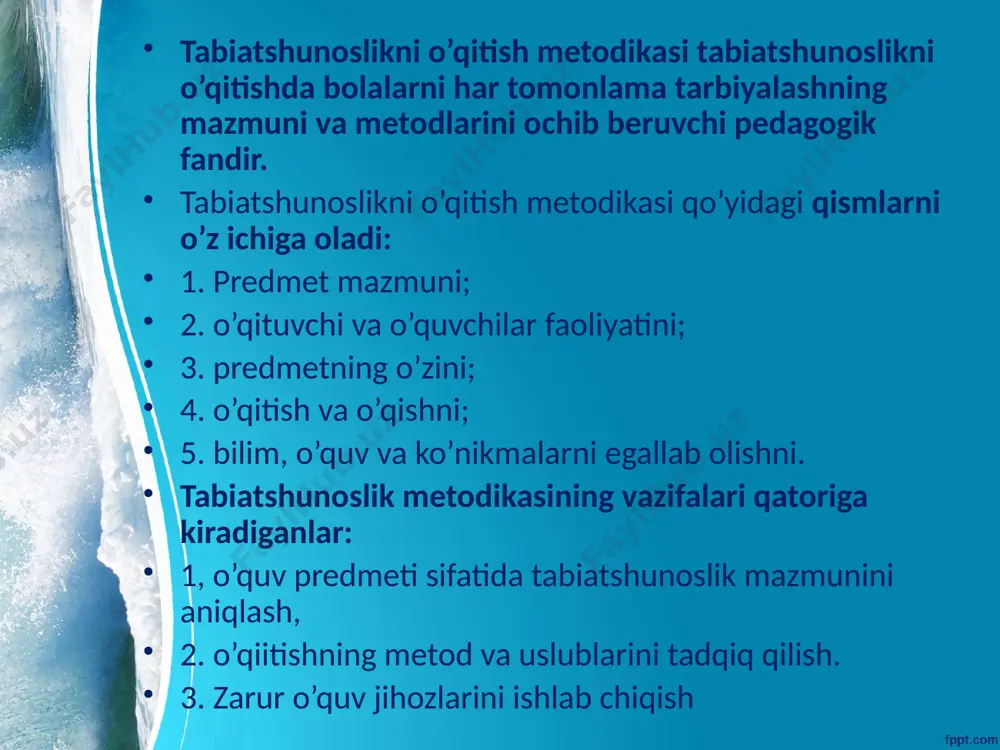 lar. qazilma holda saqlangan hayvon va o’simliklar to’g’risidagi paleontologiya fani rivojlanishida jorj kyuvening xizmatlari nihoyatida katta bo’ldi. olim qazilma holdagi sutemizuvchilar, sudralib yuruvchilarning 150 dan ortiq turini o’rgandi. xix asrga kelib, tabiiy fanlar har tomonlama taraqqiy etdi, endi yerda hayotning paydo bo’lishi, turlar, tabiiy tanlanish, o’simliklar sistematikasi haqida ilmiy asarlar yozildi, 17 hujayra kashf qilindi, makon va zamon haqida klassik mexanikaga asoslanib asosiy fikrlar ishlab chiqildi. ko’pgina ilmiy yo’nalishlar bo’yicha ishlar olib borilib, muayyan xulosalar olindi, olimlar ayrim kashfiyotlarni ikki mamlakatda bir-biridan bexabar tarzda kashf etdilar (masalan , mendel va morgan). mendel e’tiboringiz uchun rahmat !!! image2.png image3.jpeg image4.jpeg image5.gif image6.png image7.jpeg image8.jpeg image1.jpeg /docprops/thumbnail.jpeg
