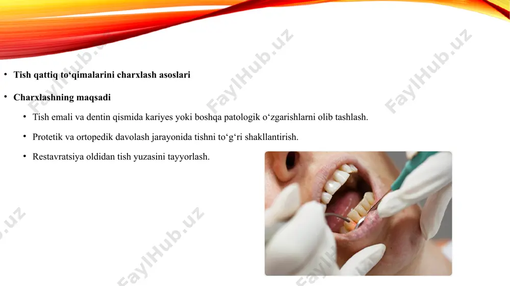 emorning umumiy sog‘lig‘ini hisobga olish (yurak, qon bosimi, allergik reaksiyalar). umumiy xavfsizlik faqat steril asbobdan foydalanish. har bir bemor uchun alohida qo‘llaniladigan materiallar. ish jarayonida shoshilmaslik, diqqatni yo‘qotmaslik. charxlashda uchrashi mumkin bo‘lgan xatoliklar ortiqcha to‘qimani olib tashlash (pulpani ochib yuborish xavfi). sovutish yetarli bo‘lmaganda to‘qimalarni kuydirish. asbobning to‘g‘ri steril qilinmaganligi oqibatida infeksiya tushishi. anesteziya noto‘g‘ri qo‘llanganda allergik reaksiya paydo bo‘lishi. tish qattiq to‘qimalarining anatomik va fizik xususiyatlari emal – eng qattiq qatlam (96% mineral tuzlar). charxlash qiyin, lekin issiqlik va bosim ta’siriga sezgir. dentin – elastikroq, organik moddalar ko‘proq. juda chuqur charxlashda pulpa ta’sirlanadi. sement – ildiz yuzasini qoplaydi, yumshoqroq tuzilishga ega. ko‘pincha jarrohlik va ortopedik ishlar paytida ishlov beriladi. charxlashning klinik maqsadlari davolash: kariyes va yomonlashgan to‘qimalarni olib tashlash. protezlash: koronka, vinir, ko‘priklar uchun tayyorlov ishlari. ortodontiya: tishlarning joylashuvini to‘g‘rilashda zarur bo‘ladigan sirtni qayta ishlash. estetika: tish shakli va silliqligini yaxshilash. gigiyena: to‘qima yuzasidagi notekisliklarni yo‘qotish orqali yiring va …