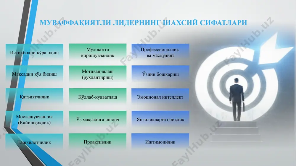 га хос; ҳаёт оқилона бошқарилувчи (рационал бюрократия) тартиботлар тизимига асосланиши лозим вебер рационал бюрократияси элементлари: тор ихтисосликларга бўлиниб ишлаш; раҳбарларнинг мутахассислардан иборат бўлишлари ва улар ўз функционал мажмуриятларини қатъий бажаришлари; хокимиятнинг қатъий иерархияси; расмий қоидалар тизимига риоя; ўзаро муносабатларда ҳиссий нейтралик ва шахс кучини рўкач қилиб иш тутмаслик; тараққиёт суръати эмоционал ёндошувга тескари пропорционал, рационал ёндошувга тўғри пропорционалдир. “муваффақиятсиз инсонлар стрессдан қутулиш билан ғолиблар эса мақсадга эришиш билан банд бўлади”. 26 эътиборингиз учун раҳмат! image2.png image3.png image5.emf image6.png image7.wmf image8.wmf image9.wmf лидер (инглиз. “leader” - етакчи, биринчи, олдинда кетаётган, бошқарувчи), лидер маълум бир жамоа гуруҳ манфаатлари нуқтаи- назаридан энг муҳим бўлган масъулиятли қарорлар қабул қилиш ҳуқуқи тан олинган шахс ҳисобланса, лидерлик (“leadership”) ижтимоий таъсир кўрсатиш жараёни бўлиб, унда лидер мақсадга эришиши учун жамиятнинг бошқа аъзолари томонидан қўллаб-қувватланадиган шахсдир. /docprops/thumbnail.jpeg