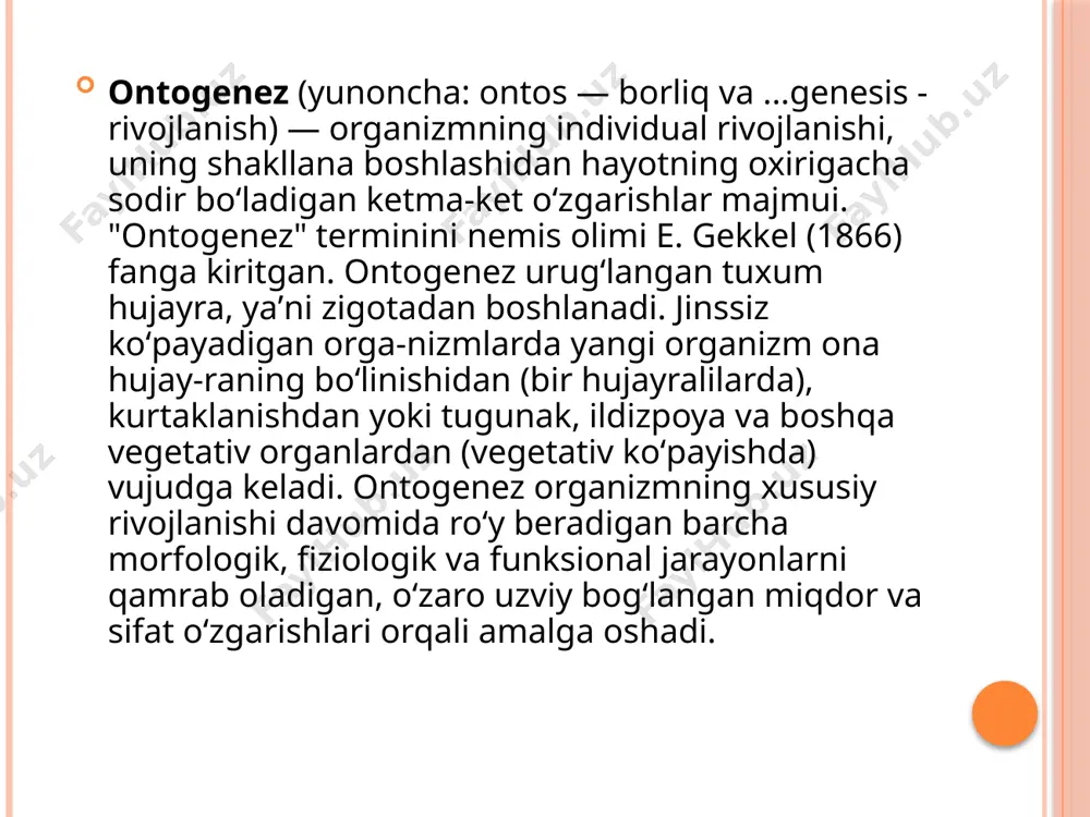 arat maxsus oqsil molekulalarining sintezini kodlash orqali morfogenetik jarayonlarning umumiy yoʻnalishini belgilab beradi. bu jarayonlarning amalga oshishi ozmi-koʻpmi (irsiy belgilangan reaksiya normasi chegarasida) tashqi muhit taʼsiri bilan bogʻliq. odam hayotining davrlarga bo’linishi odam organizmining rivojlanishi uzluksiz jarayon sifatida inson hayotining barcha davrida davom etadi. odam hayotining har bir davrida shu davrning xarakterli xususiyatlari, oldingi davrning qoldiqlari va kelgusi davrning kurtaklari paydo bo'ladi. bu davrlarda organizm ketma-ket morfologik biokimyoviy va fiziologik o'zgarishlarga uchraydi. bu o'zgarishlar o'sish va rivojlanish bosqichlarini yuzaga keltiruvchi irsiy faktorlarga bog'langan.bola organizmi voyaga yetgan organizmdan bir qator belgilari bilan farq qiladi. tana vaznining ortishidagi, alohida a'zolar va to'qimalarning kattalashuvidagi eng jadal o'zgarishlar bola hayotining birinchi yilida va bolalik davrida yuzaga chiqadi. 1. ona qornidaga rivojlanish davri. ushbu davr, homila ovqatlanish, nafas olish, harorati va boshqa omillari masalalarida ona organizmi bilan to'liq bog'liqdir. bu davrda homilaning o'sishi va rivojlanishi tez sodir bo'ladi. 2. yangi tug'ilgan davri. bu davr 2-3 …