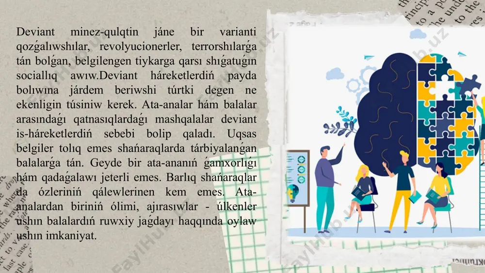 lı sebep hám jaǵdaylardan kelip shıǵatuǵının esapqa alsaq, profilaktikalıq ilajlardıń bir neshe túrlerin ajıratıw múmkin: neytrallawshı; ornın toltırıwshı; sociallıq ayırılıwlarǵa sebep bolatuǵın jaǵdaylardıń júzege keliwinen: eskertiwshi; bul jaǵdaylardı saplastırıwshı; ótkeriletuǵın profilaktika jumısların qadaǵalawshı. deviant minez-qulıqqa iye balalardıń sociallıq-pedagogikalıq reabilitaciyası. sociallıq pedagogtıń dezadaptaciya bolǵan óspirimler menen islesiwiniń basqa bir texnologiyası olardıń reabilitaciyası esaplanadı. reabilitaciya keń túrdegi wazıypalar, elementar kónlikpelerden baslap insannıń jámiyette tolıq integraciyalasıwǵa shekemgi máselelerdi sheshiwge qaratılǵan ilajlar sisteması sıpatında qaralıwı múmkin.erjetpegenlerdiń minez-qulqı profilaktikası jumısında ǵalaba xabar quralları quralları arqalı úgit-násiyatlaw-aǵartıwshılıq jumısların alıp barıw áhmietli. jámiyetlik pikir sorawı maǵlıwmatları boyınsha televidenie jas óspirimler hám jaslar ushın málimleme alınıwdıń ústin deregi esaplanadı. usı múnásibet penen sociallıq reklamanıń roli ósedi. sociallıq reklama óz usınısları menen ―miynetti xoshametlewshi, unamlı maqsetlerge erisiw ushın insan iskerligi motiv esaplanadi. ózbekstan respublikası ministrler kabinetiniń "jas óspirimler isi menen shuǵıllanatuǵın komissiyalardıń jumısın jetilistiriw haqqında“ qararına muwapıq jas óspirimler huqıqbuzarlıqlarınıń aldın alıw, jınayachılıq hám jámietke qarsı basqa háreketlerge qarsı …