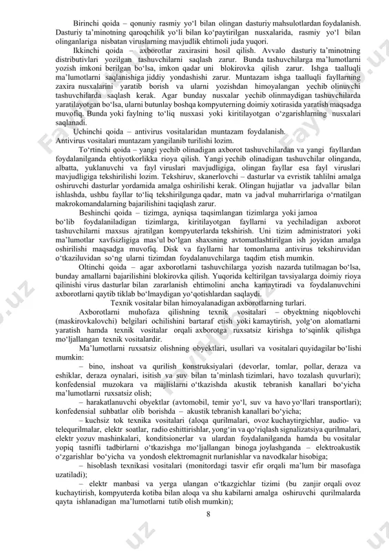 mlariga kira olishga ega bo‘lishga imkon beruvchi muhim ma’lumotlarni bildirishi mumkin. fishing – ijtimoiy injeneriyaning bir turi bo‘lib, foydalanuvchilarning tarmoq xavfsizligi asoslarini bilmasligiga asoslangan. jumladan, ko‘pchilik oddiy faktni bilishmaydi: servislar qayd yozuvingiz ma’lumotlari, parol va shu kabi ma’lumotlarni yuborishni so‘rab hech qachon xat yubormaydi. resurslardan ruxsatsiz foydalanish va uning oqibatlari. axborot-kommunikatsiya tizimining ixtiyoriy tarkibiy qismlaridan biri bo‘lgan hamda axborot tizimi taqdim etadigan imkoniyat mavjud bo‘lgan resurslardan belgilangan qoidalarga muvofiq bo‘lmagan holda foydalanishni cheklash qoidalariga rioya qilmasdan foydalanish – bu resurslardan ruxsatsiz foydalanish toifasiga kiradi. bunday foydalanish natijasida quyidagi oqibatlar yuzaga kelishi mumkin: axborotning o‘g‘irlanishi; axborotni o‘zgartirish; axborotning yo‘qotilishi; yolg‘on axborotni kiritish; axborotni qalbakilashtirish va h.k. kompyuter virusi. kompyuter virusi – bu o‘z-o‘zidan ko‘payuvchi, kompyuter tarmoqlari va axborot tashuvchilari orqali erkin tarqaluvchi, hamda kompyuter va unda saqlanayotgan axborot va dasturlarga zarar yetkazuvchi dastur kodi yoki komandalar ketma-ketligi hisoblanadi. kompyuter viruslari quyidagi xossalarga ega: o‘zidan nusxa ko‘chirish, axborotdan ruxsatsiz foydalanishni amalga oshirish. …
