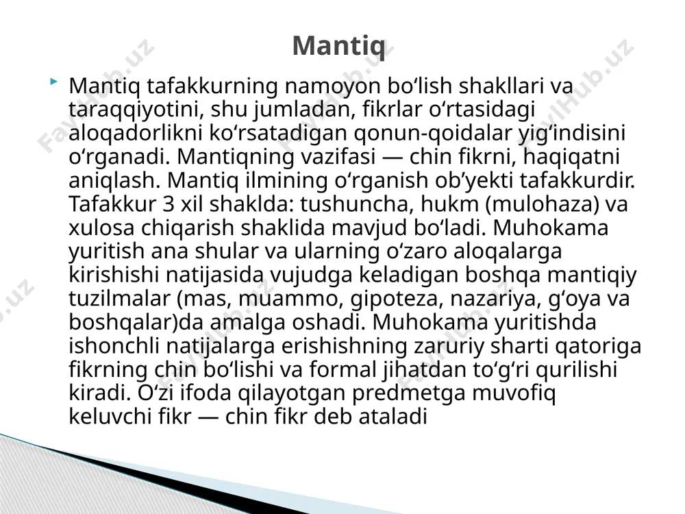 n sifatida taʼriflaydi. aristoteldan soʻng mantiq, asosan, stoiklar maktabi vakillarining , epikur, skeptiklar taʼlimotlarida rivojlantirilgan. mantiq stoiklar mantiqning maqsadi inson aqlini xatolardan asrash va haqiqatga erishishdir, deb bilishgan. keyinchalik yaqin va oʻrta sharq mamlakatlarida ham mantiq ilmi shakllandi. oʻrta osiyoda ham falsafa va mantiq mustaqil fan sifatida taraqqiy etdi. bunda forobiy, ibn sino, beruniy, umar xayyom, alisher navoiy, bedil kabi buyuk mutafakkirlarning xizmati katta boʻldi. forobiy oʻzining "mantiqqa kirish", "ilmlarning kelib chiqishi va tasnifi" asarlarida mantiq masalalariga ilmiy bilish metodlari deb qaragan. forobiy fikricha, mantiq insonlarni bilish jarayonidagi turli xato va adashishlardan saqlaydi. forobiy tushuncha, hukm va ularning turlari, xulosa chiqarish, sillogizm va uning figuralari, moduslarini tahlil qildi. sillogizm va isbotlash usuli eng toʻgʻri, haqiqatga olib keluvchi usul deb hisobladi. ibn sinoning "kitob ashshifo", "kitob annajot", "donishnoma" asarlarida mantiqga doir fikrlari bayon etilgan. “mantiq bilingan (bilimlar) yordamida bilinmaganlarni qanday qilib aniqlashni koʻrsatadigan, haqiqat va haqiqatsifat bilim va yolgʻon nima ekanligini …