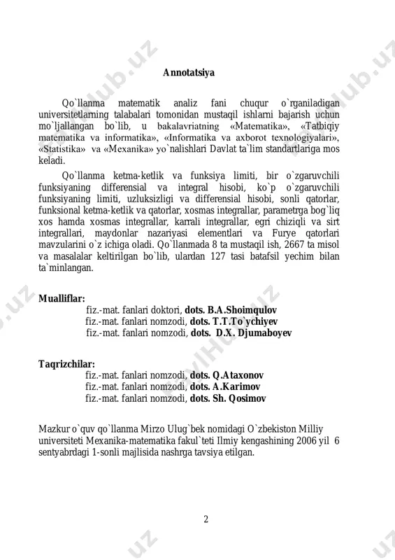 alalar 37 c. namunaviy variant yechimi 51 3-§. 2-mustaqil ish. funksiya hosilasi va differensiali. ularning tatbiqlari. 59 a. asosiy tushuncha va teoremalar 59 b. mustaqil yechish uchun misol va masalalar 73 c. namunaviy variant yechimi 85 4-§. 3-mustaqil ish aniqmas va aniq integrallar, ularning tatbiqlari 94 a. asosiy tushuncha va teoremalar 94 b. mustaqil yechish uchun misol va masalalar 106 c. namunaviy variant yechimi 118 5-§. 4-mustaqil ish ko`p o`zgaruvchili funksiyalar 126 a. asosiy tushuncha va teoremalar 126 b. mustaqil yechish uchun misol va masalalar 140 c. namunaviy variant yechimi 155 6-§. 5-mustaqil ish. sonli qatorlar 164 a. asosiy tushuncha va teoremalar 164 b. mustaqil yechish uchun misol va masalalar 176 c. namunaviy variant yechimi 190 7-§. 6-mustaqil ish. funksional ketma-ketliklar va qatorlar 199 a. asosiy tushuncha va teoremalar 199 b. mustaqil yechish uchun misol va masalalar 215 c. namunaviy variant yechimi 228 4 8-§. 7-mustaqil ish. xosmas va parametrga …
