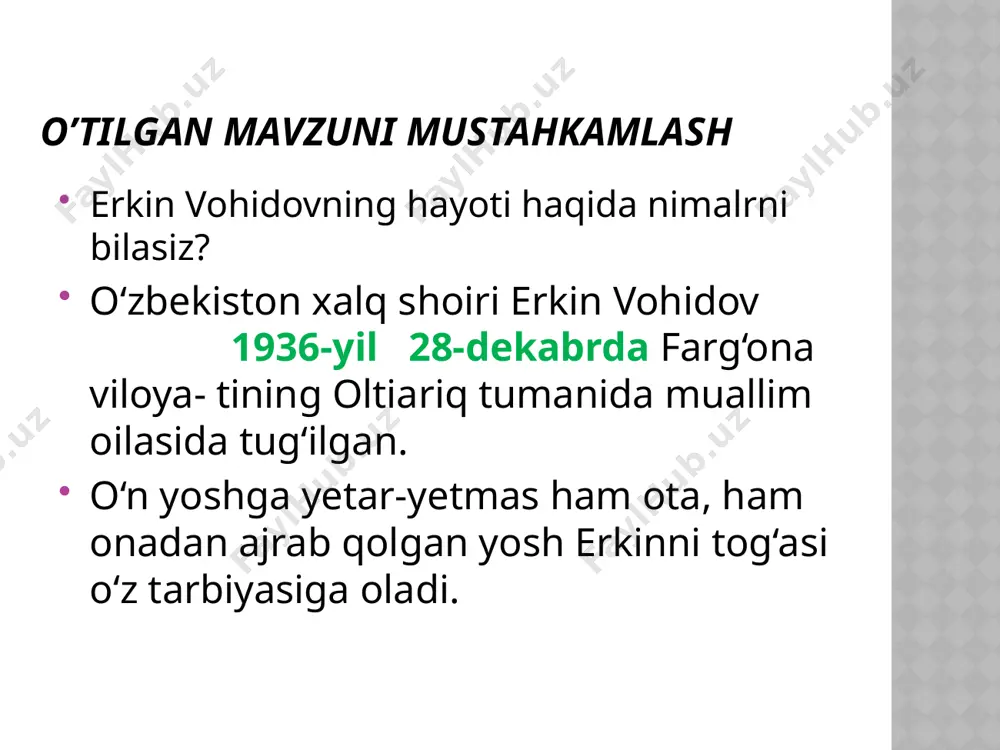 solib kelgan urushlar tufayli qanchadan qancha odamlar qurbon bo‘lgan, ayollar tul, bolalar yetim qolgan, gullab-yashnab yotgan shahar-u qishloqlar kultepaga aylangan. mas’um go`dak nolasi doston yigirma yil avval urushda halok bo‘lgan otasini xotirlayotgan farzandning xayollari, iztiroblari bilan boshlanadi. oradan yigirma yil o‘tib ketgan bo‘lsa-da, hamon uning jarohatlari bitgani yo‘q. hayqiraman, tog‘lar bag‘ridan gumburlagan sado keladi, ona-yerning otash qa’ridan «o‘g‘lim!» degan nido keladi. cho‘chib uyg‘onaman, onam qoshimda. mehribon qo‘llari otash boshimda: - nega yig‘layapsan, yolg‘izim, qo‘zim? tun uzoq, uxlay qol, ko‘zlaringni yum. orom ol, men senga allalar aytay. tongda peshonangdan o‘pib uyg‘otay. kel, yerga qilaylik qasamyod: bo‘lurmiz gal kelsa har birimizga tinchlik janggohining fidosi. bu senga, bu menga, bu bizga yigirmanchi asr nidosi! xulosa tinchlik uchun, insoniyatning baxtli kelajagi uchun kurash nidosi xxi asrda ham, undan keyin ham, to yer yuzida abadiy tinchlik o‘rnatilgunga qadar har bir insonning qalbida jaranglab turmog‘i kerak. bilimingizni sinang! erkin vohidov qalamiga mansub dostonlar? e. vohidovning “nido” …