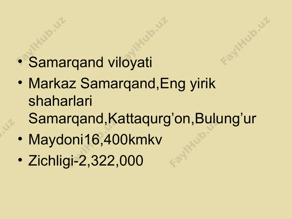 lar, avliyolar malikalar, lashkarboshilarning abadiy oromgohi hamdir. bu yerdagi har bir maqbara faqat o’zigagina xos bezaklar bilan qoplangan bo’lishiga qaramay ularning barchasi yaxlit bir kompozisiyani, tugal bir me’morchilik asarini tashkil etadi. shohizindaning yana bir qimmatli tomoni shundaki, bu yerda samarqandning qariyib uch ming yillik tarixi mujassamdir. registon maydoni- tarixda shaharning ilm-fan, siyosat va diniy markazi bo’lgan. “registon ” so’zi “qumloq joy” degan ma’noni anglatadi. o’rta asrlarda hamma katta shaharlarda markazlar “registon” deb atalar edi. shu nomdagi maydonlar buxoro, shahrisabz va toshkentda ham bo’lgan. samarqanddagi maydon esa o’rta osiyodagi eng mahobatli va tahsinga sazovor maydonlardan biri edi bu maydonda bir necha ming yillik tarix mujassam. amir temur podshohligi davrida registon samarqandning markaziga aylantirildi. ulug’bek davri (1409-1447)da esa maydon bundan ham muhimroq ahamiyatga ega bo’ldi. zamonaviy registon ansambli o’zida ulug’bek madrasasi (1417-1420), sherdor madrasasi(1619-1636) va tillakori masjid-madrasasini (1647-1660) mujassam etadi. go'ri amir maqbarasi (1404-1411) temuriylarning daxmasi sifatida amir temur buyrug'i bo'yicha qurilgan. …