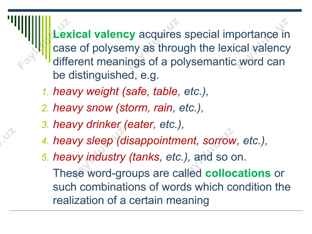 s (friendly to people), c) verbal groups (to sing well), etc. 2. exocentric word-groups have no central component and the distribution of the whole word-group is different from either of its members. for instance, the distribution of the word-groups side by side, at first, grow smaller is not identical with the distribution of their component-members, i.e. the component-members are not syntactically substitutable for the whole word-group. types of meaning of word-groups the lexical meaning – the combined lexical meaning of the component words, e.g. a blind man may be described denotationally as the combined meaning of the words blind and man. in most cases the lexical meanings of the word-group predominates over the lexical meanings of its components, e.g. blind alley, blind date. polysemantic words are used in word-groups only in one of their meanings. these meanings of the component words in such word-groups are mutually interdependent and inseparable. semantic …