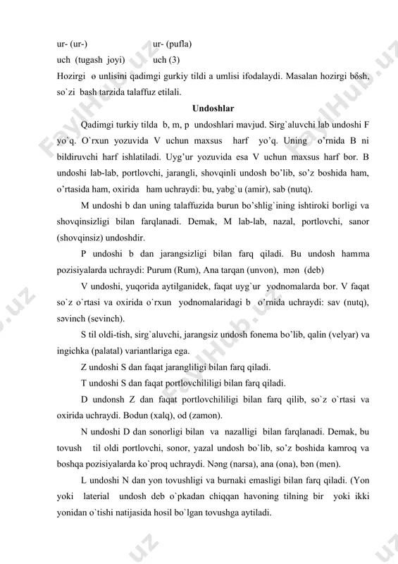 bo`g`iz undosh h va til orqa x undoshi yo`q. singarmonizm. singarmonizm deb so`zdagi tovushlarning bir-biriga hamda o’zakka qo`shimchalarning talaffuz jihatdan uyg’unlashishiga aytiladi. qadimgi turkiy tilda singarmonizmning ikki qonuni mavjudligi aniq: 1) tanglay uyg’unligi yoki palatal attraksiya; 2) lab uyg’unligi yoki labial attraksiya. tanglay uyg’unligi - so`zdagi tovushlarning bir-biriga va qo’shimchalarningo’zakka qatorda va qalin-ingichkalikda moslashuvidir: yashыmqa (yoshimda) elig (elni , davlatni) ilgәrә (oldinga) og’uzg’aru (o`g`uzga) bәrtimiz (bordik) bilig (bilim) lab uyg’unligi - birinchi bo`g`indagi unliga keyingi bo`g`indagi unlining yoki o`zakdagi unliga qo`shimchadagi unlining lablanish jihatdan moslashuvi. ishig (ishni) sumuz(lashkarimiz) inim (ukam) kuchug (kuchni) әlimiz (davlatimiz) kuzum (ko’zim) qadimgi turkiy tilda nutqning tovushdan boshqa fonetik bo’laklari, urg`u va intonatsiya hozirgi turkiy tillarnikidek o`zgacha bo’lganligini ko`rsatuvchi dalillar yo`q. singarmonizm hodisasi hozirgi bir guruh turkiy tillarda to`la aks etgan bo`lsada, hozirgi bir guruh turkiy tillarda kuchsizroq xususiyatga ega. tukiy tillarda singarmonizm qonuni mavjudligini birinchi bo`lib xi asrdayoq m.qoshg’ariy tasdiqlagan. u turkiy so`zlarning o`zak xarakteriga …