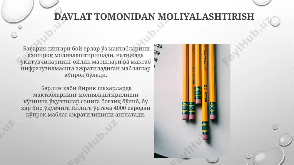 vchi zamonaviy texnologiyalar bilan jihozlangan shaxsiy kompyuter yoki planshetga ega bo‘ladi. maktabgacha ta'lim germaniyaning ko'plab shaharlarida, masalan, berlin va myunxenda, 3 yoshdan boshlab davlat tomonidan moliyalashtiriladigan bolalar bog'chalari (kindergärten) mavjud bo'lib, ularning soni yillik o'rtacha 20% ga o'sib bormoqda. germaniyada maktabgacha ta'limning davomiyligi o'rtacha 4-5 yilni tashkil etadi va bolalar 6 yoshida majburiy boshlang'ich ta'limga (grundschule) kirishadi, bu davrda ularning bilim va ko'nikmalarini baholash amalga oshiriladi. gimnaziya va uning turlari баъзи германия федерал ерларида, масалан, баварияда, гимназияларнинг ўзига хос йўналишлари мавжуд бўлиб, 12 йиллик таълимни якунлагандан сўнг, abitur имтихонини топшириш орқали олий таълим муассасаларига кириш имкониятини беради. германиядаги гимназияларнинг 9 йиллик таълимдан кейинги ўрта махсус таълим муассасалари бўлиб, уларнинг учта асосий тури – гимназия, реалшуле ва хохеншуле мавжуд бўлиб, ўқувчиларга турли ихтисослаштирилган йўналишларни таклиф этади. e'tiboringiz uchun rahmat @taqdimot_robot image3.png image4.jpg image5.jpg image6.jpg image7.jpg image8.jpg image9.jpg image10.jpg image11.jpg image12.jpg image13.jpg image14.jpg image15.jpg image16.jpg image17.jpg image18.jpg image1.png