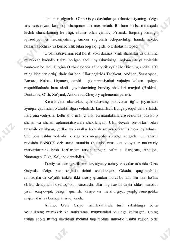 angli metallurgiya, kimyo va qurilish sanoati rivojlangan. bu respublika dunyo hamjamiyatda o`zining paxta va pillasi, oltin, mis va tabiiy gaz zahiralari bilan ajralib turadi. hududining ancha kattaligi, demografik salohiyatini kuchliligi ham respublika milliy iqtisodiyotini mustahkamlashga, uning siyosiy-ijtimoiy rivojlanishiga sezilarli darajada ta`sir etadi. o`zbekiston respublikasining markaziy osiyo siyosiy-geografik mintaqasining qoq markazida joylashganligi, uning shimoli-g`arbdan janubi-sharqqa tomon uzoq masofada cho`zilganligi, 5 ta mustaqil davlatlar bilan chegaradoshligi (qozog`iston, turkmaniston, tojikiston, qirg`iziston va afg`oniston) mamlakat rivojlanishidagi muhim geografik omil hisoblanadi. shuning uchun o`zbekistonda ichki va tashqi transport tizimini rivojlantirish, uni jahon bozoriga chiqish uchun qulay, arzon va havfsiz yo`llarni yaratish katta ahamiyatga ega. ayni paytda bu mamlakatning siyosiy-geografik mavqeini yaxshilashga olib olib keladi. turkmaniston respublikasining rivojlanishida uning qator omil imkoniyatlari qulay sharoit yaratadi. bu borada eng avvalo uning tabiiy gaz va neft konlariga boyligi, paxta va qimmatbaho qorako`l qo`ylari, gilam va mashhur ahalteki otlarini ta`kidlamoq zarur. qolaversa, mamlakatning geosiyosiy o`rni ham nisbatan qulay-u bevosita …