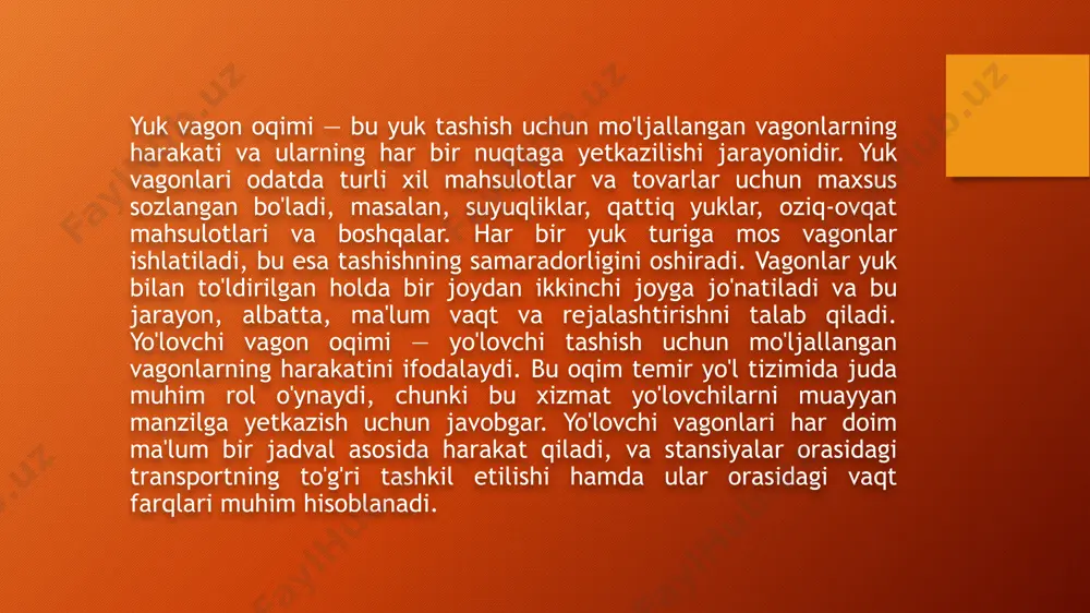 boshqaruv tizimlari, vagon oqimlarining samarali boshqarilishini yanada rivojlantirishi mumkin. bunday texnologiyalar yuk tashish jarayonlarini optimallashtirish, vaqtni tejash va resurslardan samarali foydalanish imkonini beradi. iqtisodiy omillarga kelganda, vagon oqimlarini boshqarish jarayonida iqtisodiy samaradorlik va rentabellikni oshirish uchun logistik xarajatlar, energiya tejamkorligi va resurslarni optimal tarzda taqsimlash muhim ahamiyatga ega. temir yo‘l transportida vagon oqimlarini boshqarish xarajatlarini kamaytirish uchun harakat qilish yo‘nalishlarini optimallashtirish, vagonlarning yuk tashish quvvatini to‘liq foydalanish va yuk tashishning o‘zgaruvchan talablariga moslashish kerak. avtomatlashtirish va kuzatuv tizimlari: vagonlarning joylashuvi va harakatini real vaqt rejimida monitoring qilish uchun zamonaviy texnologiyalar, masalan, joylashuvni aniqlash va sensorli qurilmalar qo‘llaniladi. bu logistik jarayonlarni aniq va samarali boshqarish imkonini beradi. logistika dasturlari: yuk tashishni rejalashtirish, marshrutlarni optimallashtirish va resurslardan unumli foydalanishni ta’minlaydigan maxsus dasturiy ta’minotlar ishlatiladi. bunday tizimlar jarayonlarni soddalashtirib, xatolarni kamaytiradi. temir yo‘l infratuzilmasi: zamonaviy temir yo‘l tarmoqlari, avtomatlashtirilgan boshqaruv tizimlari va yuqori tezlikdagi transport vositalari vagon oqimlarining silliq va tezkor harakatlanishiga yordam …
