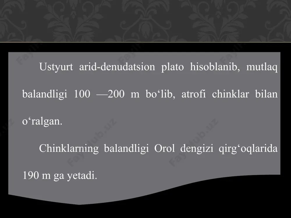 ida sariqamish ko‘li joylashgan. ustyurtda neft va gaz, har xil tuzlar va qurilish material konlari mavjud (44- rasm).