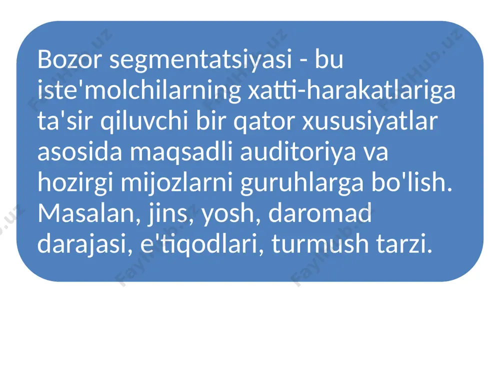 oki uy yaqinida xizmat ko'rsatish muhim. kompaniyaning joylashgan joyiga urg'u maqsadli reklama konvertatsiyasini oshiradi. demografik: jinsi, yoshi, oilaviy ahvoli. bu tomoshabinlar bo'lingan eng oddiy va eng aniq mezondir. kiyim do'konlari ayollar yoki erkaklar kolleksiyalarini taklif qiluvchi elektron pochta xabarnomalarini yaratadilar, stomatologlar nafaqaxo'rlar uchun aksiyalar o'tkazadilar, turoperatorlar turli xil xizmatlarga ega oilaviy yoki yoshlar mehmonxonalarida turar joy taklif qiladilar. mts research xizmatidan demografik va ijtimoiy-iqtisodiy mezonlarga muvofiq maqsadli auditoriyaning xususiyatlari. ijtimoiy-iqtisodiy: kasbi, bandlik turi, ma'lumoti, kasbi, daromad darajasi. ijtimoiy-iqtisodiy omillar maqsadli auditoriyaning to'lov qobiliyatini aniqlashga va narx siyosatini shakllantirishga yordam beradi. ko'pgina kompaniyalar o'z mahsulotlarini turli segmentlarga moslashtiradilar: iqtisod, o'rta darajadagi, premium. madaniy: millati, dini, urf-odatlari. o’zbekistonda 80 ga yaqin xalqlar millatlar yashaydi, ularning madaniy xususiyatlari kiyim-kechak, oziq-ovqat tanlovi va dam olish imkoniyatlarini belgilaydi. kompaniyaning xalqaro bozorga chiqishida madaniyat mezonlari alohida o‘rin tutadi. xulq-atvor: mahsulotni sotib olish va iste'mol qilish chastotasi, foydalanish shartlari, mijoz uchun foyda, sotib olish usuli (onlayn yoki …