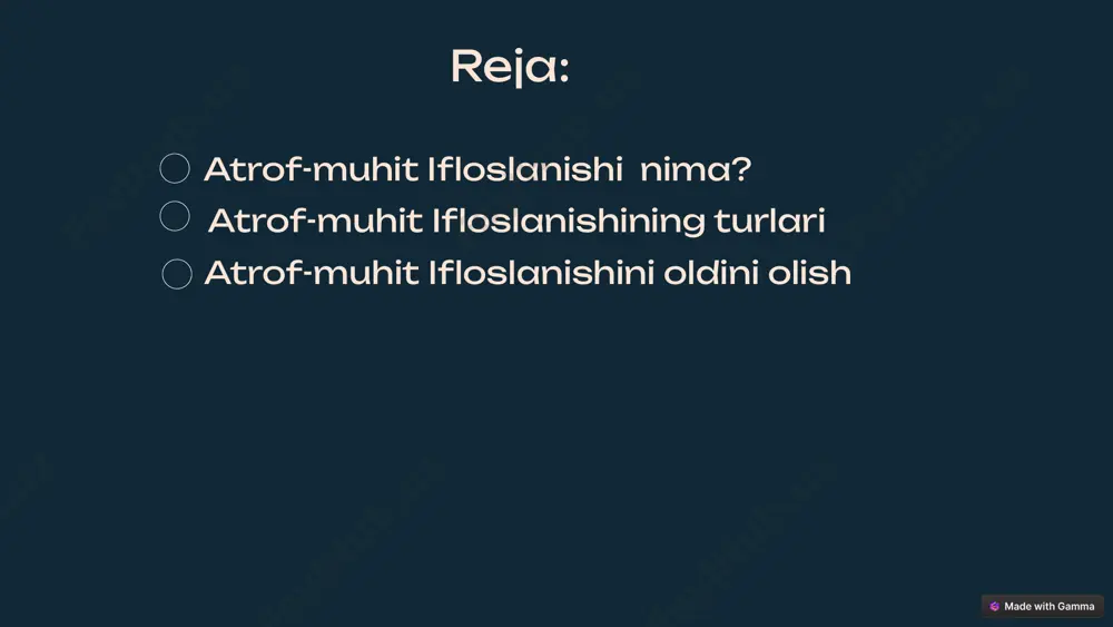 port vositalaridan chiqadigan tutun, karbonat angidrid, oltingugurt dioksid va boshqa gazlar atmosferani ifloslaydi. havo ifloslanishi nafas olish yo'llari kasalliklari va iqlim o'zgarishiga olib keladi. suv ifloslanishi: sanoat chiqindilari, maishiy chiqindilar va qishloq xo'jaligi dori vositalari suvlarga tushib, ichimlik suvi manbalarini va suv ekotizimlarini ifloslaydi. bu holat suv jonivorlarining hayotini xavf ostiga qo'yadi va inson salomatligiga zarar keltiradi. tuproq ifloslanishi: kimyoviy o'g'itlar, zararkunanda dori vositalari va sanoat chiqindilari tuproqni ifloslaydi. bu o'simlik qoplamini yo'q qilishi va oziq-ovqat zanjiriga zaharli moddalar kirishiga sabab bo'lishi mumkin. 4. shovqin ifloslanishi: yo'l harakati, qurilish ishlari va sanoat mashinalaridan keladigan ortiqcha shovqin inson salomatligiga salbiy ta'sir ko'rsatadi. shovqin ifloslanishi, stress, uyqu buzilishlari va eshitish muammolariga olib kelishi mumkin 5 atrof-muhit ifloslanishini oldini olish qayta tiklanadigan energiya manbalaridan foydalanish: fosil yoqilg'ilarning yonishi havo ifloslanishiga va issiqxona gazlari chiqindisiga olib keladi. quyosh, shamol va gidroelektr kabi qayta tiklanadigan energiya manbalaridan foydalanish atrof-muhit ifloslanishini kamaytirishda muhim qadamdir. qayta ishlash …