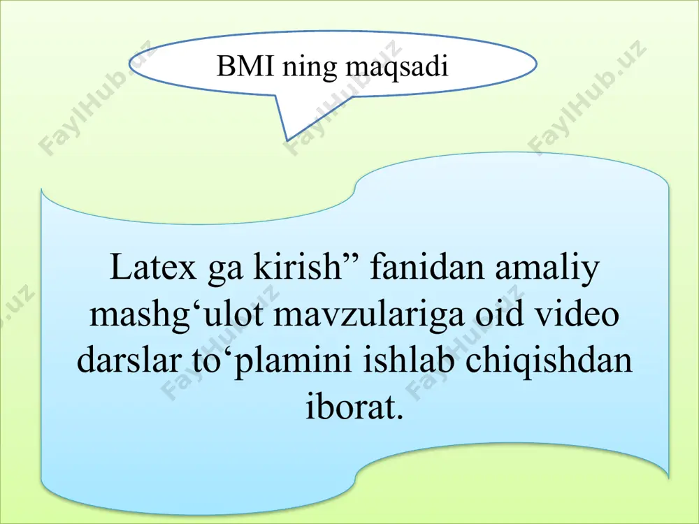 i natijasini video darslar to‘plami sifatida tayyorladim. uslubiy dasturdan o‘qituvchilar, talabalar va mustaqil o‘rganuvchilar o‘z maqolalarida matematik formulalar kiritishda, rasmlar joylashtirishda va h.k larda foydalanishlari mumkin. bitiruv malakaviy ishining kirish qismi 2 betdan iborat, tushuntirish qismi 2 betdan iborat. bitiruv malakaviy ishida 25 ta adabiyotdan foydalanildi. e’tiboringiz uchun raxmat! image1.png image2.png image3.png image4.png image5.png image6.jpeg /docprops/thumbnail.jpeg