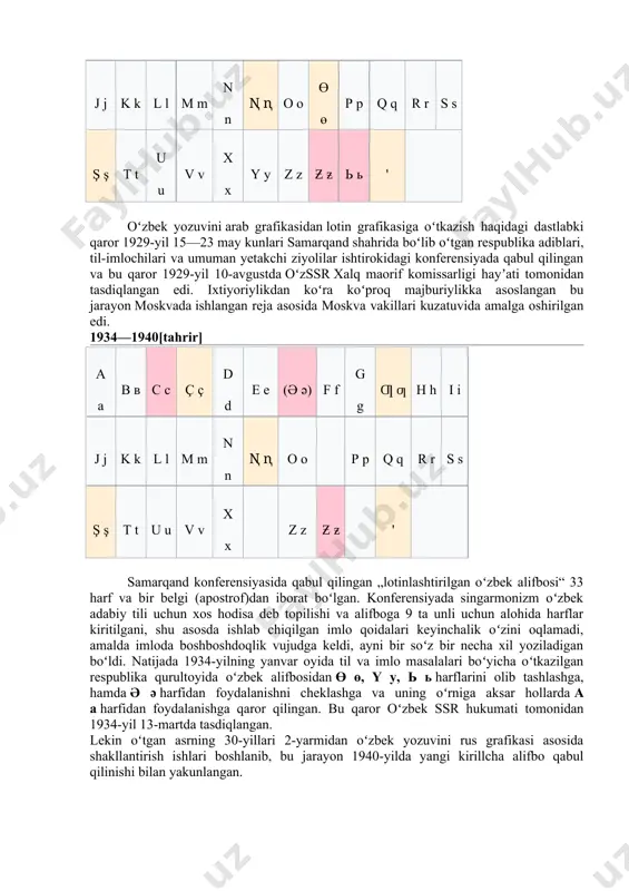 ʻrniga aksar hollarda a a harfidan foydalanishga qaror qilingan. bu qaror oʻzbek ssr hukumati tomonidan 1934-yil 13-martda tasdiqlangan. lekin oʻtgan asrning 30-yillari 2-yarmidan oʻzbek yozuvini rus grafikasi asosida shakllantirish ishlari boshlanib, bu jarayon 1940-yilda yangi kirillcha alifbo qabul qilinishi bilan yakunlangan. 1993-1995[tahrir] a a b ʙ c c ç ç d d e e f f g g ğ ğ h h i i j j k k l l m m n n ñ ñ o o ö ö p p q q r r s s ş ş t t u u v v x x y y z z ɉ ɉ ʼ harflarning alifbodagi asl tartibi: a a, b b, c c, d d, e e, f f, g g, h h, i i, j j, k k, l l, m m, n n, o o, p p, q q, r r, s s, t t, u …