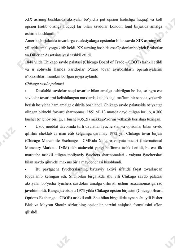 ext yagona yevropa birjasi tashkil etildi, soʻngra, yaʼni 2008 yil ushbu birja nyu-york fond birjasi bilan birlashdi. · shimoliy amerikaning yirik muddatli birja bozori cme group 2007 yil chikago tovar birjasi (chicago mercantile exchange – cme) va chikago savdo palatasining (chicago board of trade – cbot) oʻzaro birlashuvi natijasida paydo boʻldi. hozirgi paytda bu ittifoqqa yuqorida qayd etilganlardan tashqari nyu-york tovar birjalari nymex (new york mercantile exchange) va comex (commodity exchange of new york) ham qoʻshilgan. · hozirgi kunga kelib hosilaviy qimmatli qogʻozlar bozori fond bozorining alohida segmenti sifatida rivojlanib kelmoqda, ayniqsa ushbu moliyaviy instrumentlar aylanmasini birjadan tashqariga chiqishi sababli ular cheklanmagan miqdorda muomalada boʻlish va turli bazis aktivlar boʻyicha, jumladan fond indekslari va boshqa hisob koʻrsatkichlari boʻyicha ham muomalaga kiritilish imkoniyatiga ega boʻldi. 3. forvard shartnomalari forvard shartnomalari bu birjadan tashqarida tuziluvchi, kelajakda bazis aktivni yetkazib berish haqidagi tomonlarning kelishuvidir. shartnoma shartlari bitimni tuzish paytida kelishib olinadi. shartnoma ana …