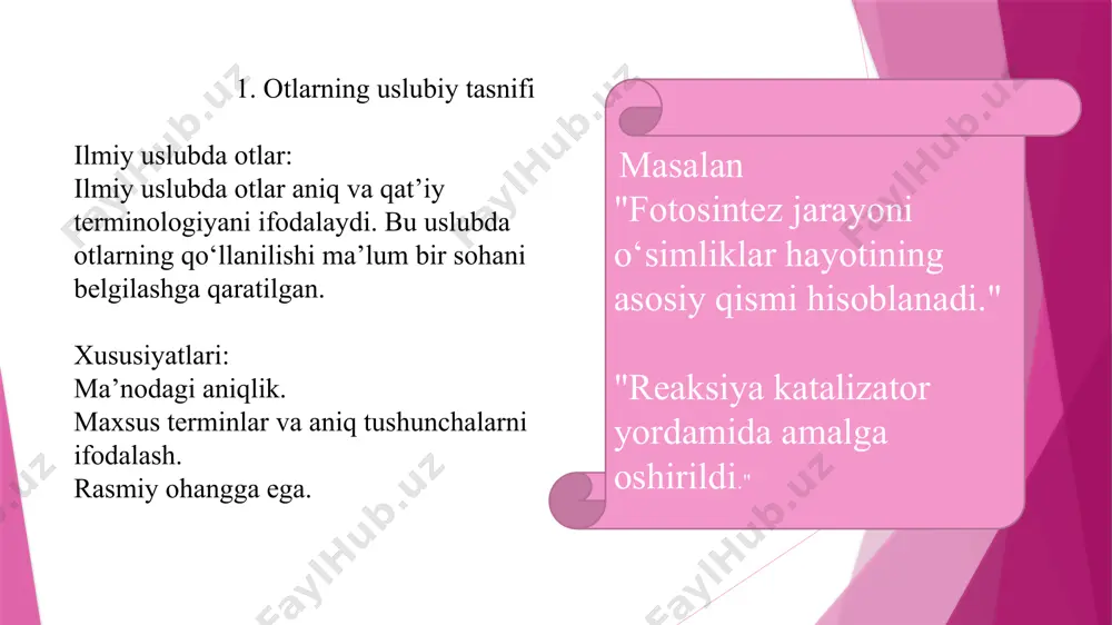 a tasviriylikdan xoli bo‘lib, ko‘proq jarayon yoki qonuniyatni ifodalaydi. ko‘pincha so‘z birikmalari va terminlar tarkibida ishlatiladi. misollar: "moddalar o‘zaro reaksiyaga kirishadi." "organizmning harorati o‘zgarsa, metabolizm tezlashadi." badiiy uslubda fe’llar xususiyatlari: obrazlilik va hissiy ta’sirni oshirish uchun qo‘llaniladi. badiiy matnlarda metafora, o‘xshatish va boshqa stilistik usullar yordamida ishlatiladi. ko‘p hollarda sinonimlar, kuchaytiruvchi shakllar va xalqona ifodalar ishlatiladi. misollar: "qushlar uyg‘ongan tong faslni qo‘shiqqa burkadi." "yuragi larzaga kelib, ko‘z yoshlari daryo bo‘ldi." e`tiboringiz uchun raxmat!
