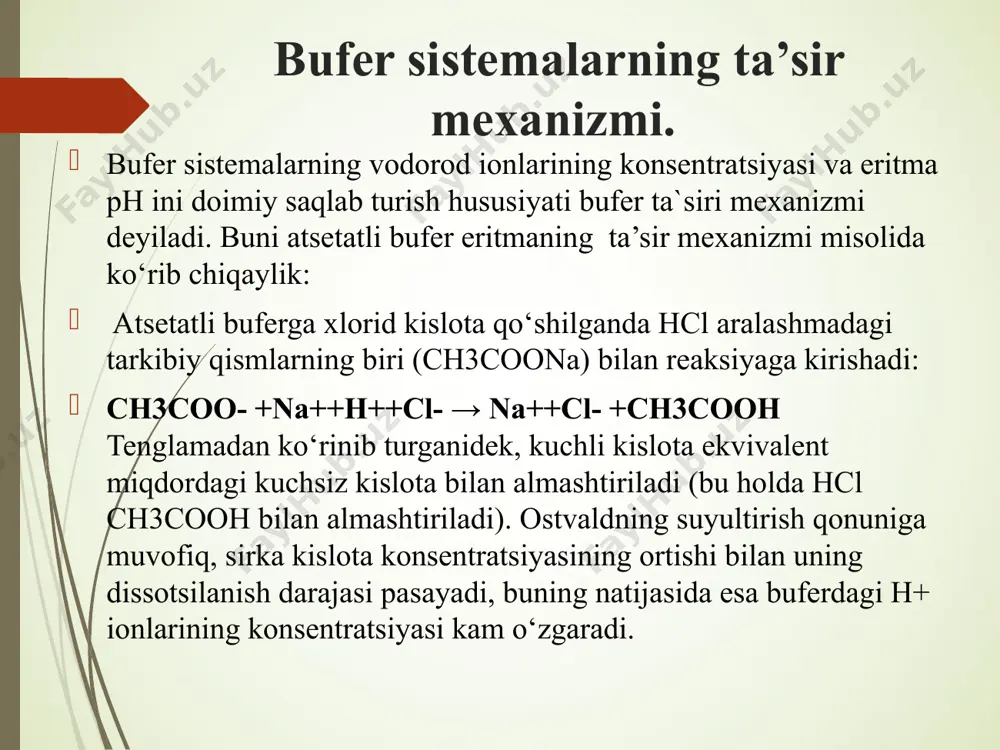 uchsiz kislotalar va ularning kuchli asoslar bilan hosil qilgan tuzlaridan tashkil topgan bufer sistemalarga qo`yiladigan talablarga javob beradi. birlamchi fosfat, dissotsilanishida hosil bo‘ladigai fosfat kislota anioni h2po4- kam dissotsilanadi (k=1,54·10-7), shu sababli o‘zini kuchsiz kislotadek tutadi. fosfatli buferning ikkinchi tuzi na2hpo4 - deyarli to‘la dissotsilanadi va shu kuchsiz kislotaning kuchli asos bilan hosil qilgan tuzidan iborat. organizmning bufer sistemalari fosfatli bufer sistema - hujayra ichidagi suyuqliklarning asosiy bufer sistemasi: nah2po4 na+ + h2po4- na2hpo4 2na+ + hpo42- oz miqdorda kuchli kislota qo’shilganda kuchsiz elektrolit h2po4- hosil bo’ladi: h+ + hpo42- = h2po4- oz miqdorda kuchli asos qo’shilganda kuchsiz elektrolit h2o va hpo42- hosil bo’ladi: oh- + h2po4- = h2o + hpo42- oqsilli bufer sistema protein (oqsil) bufer sistemasi qon zardobidagi kislota-asos muvozanatini saqlashda yuqorida keltirilgan bufer sistemalarga nisbatan kamroq ahamiyatga ega. oqsil buferi ta’sir mexanizmini umumiy holda quyidagicha yozish mumkin. hujayra va to‘qimalar oqsil borligi uchun ma’lum miqdordagi kislota va …