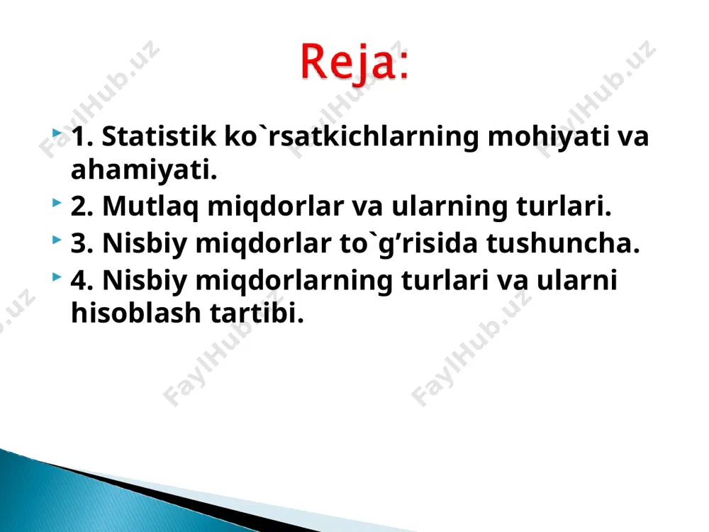 sbiy miqdorlar to`g’risida tushuncha. ikkita taqqoslama mutlaq miqdorni bo`lish natijasida olingan umumlashtiruvchi miqdor statistikada nisbiy miqdorlar deb ataladi. nisbiy miqdorlar har xil shakllari ifodalanish mumkin. ularning ifodalanish shakli bazis miqdorning (nisbat maxrajini) qanday birlikka tenglashtirib olinishiga bog’liqdir. shunga qarab, nisbiy miqdorlar koeffitsientlarda, foizda, promilleda, prodetsimilleda ifodalanadi. reja topshirig’i nisbiy miqdorlari. buyurtma (shartnoma) bajarilishi nisbiy miqdorlari. dinamika nisbiy miqdorlari. tuzilma (struktura) nisbiy miqdorlari. koordinatsiya nisbiy miqdorlari. intensiv nisbiy miqdorlar. ob`ektlararo va hududiy taqqoslash nisbiy miqdorlari. 1. reja topshirig’i nisbiy miqdori rejalashtirilayotgan davr ko`rsatkichining oldingi yilning haqiqiy ko`rsatkichiga nisbatan qanday o`zgarishi lozimligini ko`rsatadi va quyidagicha hisoblanadi: rtnm – reja topshirig’i nisbiy miqdori. drt – joriy davr uchun reja topshirig’i. do – bazis davrda haqiqiy bajarilgan ko`rsatkich. 1-misol. korxonada 2013 yilda 210 mln.so’mlik maxsulot ishlab chiqarish majburiyati olingan bo’lib, u 215 mln. so’mlik qilib bajarilgan va 2014 yilda esa 220 mln. so’mlik maxsulot ishlab chiqarish rejalashtirilgan. shartnoma majburiyati nisbiy miqdorini hisoblang. echish. ya’ni …