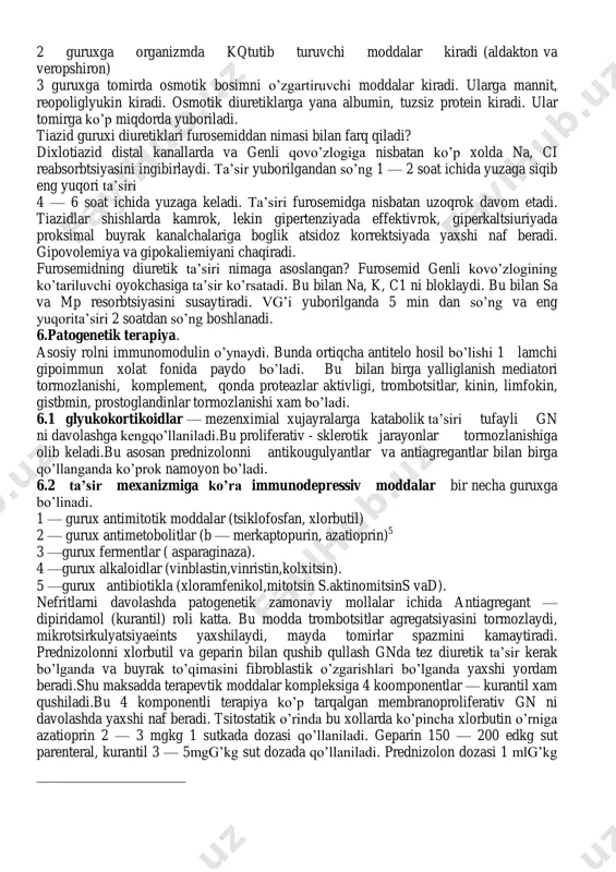 niig kamayishi giponatriemiya deyiladi. agar klinik simptomlari boshlansa, korrektsiya qilinadi. u turlicha bo’lishi mumkin: oshqozon — ichak buzilishidan tortib, to ruxiy status buzilishi, talvasa va komagacha bo’lishi mumkin. bu bemorlarga 3%gipertonik eritma yuboriladi.1 ml eritma yuborganda na qontsentratsiyasi 1 mekvg’l ga oshadi. 2.antibiotikoterapiya boshlanishdan 1.5 — 2 oy infektsiya o’choqlari paydo bo’lsa, surunkali tonzillitda operativ sanatsiya o’tkaziladi. uzoq muddat steroid terapiya o’tkazilishi antimikrob ximoya ishlatishga sabab bo’ladi. ammo bu asoratlar ichida disbakterioz 1chi o’rinda turadi. bunda ichak mikroflorasini saklash uchun kolibakteriya, laktobakteriya, bifidumbakteriya, bifikol kabi preparatlar ichiriladi. antibakterial preparatlar ichida gnni davolash uchun nefrotik ta’sirga egalari (monomitsin, kanamitsin) qo’llanilmaydi. bolada tonzilloektomiya operatsiyasini to’tri bajarish uchun operatsiya o’z vaktida belgilanishi va 10 kun davomida( operatsiyadan so’ng) antibiotik va antigistamin preparatlari qo’llanishi kerak. z.vitaminoterapiya angioprotektiv ta’sir uchun vitamin s kam dozada beriladi. vitamin a ( retinol) biriktiruvchi to’qima dezorganizatsiyasiga qarshilik qiladi. vitamin d antiraxitik effekt beradi. v gruppa vitaminlari xam qo’llaniladi. 4.gipotenziv …