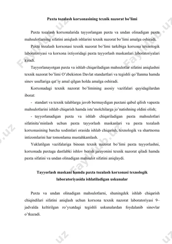 lab chiqarish chiqindilari sifatini aniqlash uchun korxona texnik nazorat laboratoriyasi 9– jadvalda keltirilgan rо’yxatdagi tegishli uskunalardan foydalanib sinovlar о’tkazadi. tayyorlash maskani hamda paxta tozalash korxonasi texnologik laboratoriyasi tomonidan о’tkaziladigan sinovlar va bunda ishlatiladigan uskunalar rо’yxati jadval ishning nomi taxlil va ishlarning nomi qо’llaniladigan uskunalar 1 2 3 paxta: 1. paxtani qabul qilish vapaxta guruhini jamlash. 2. paxtani paxta tozalash korxonasiga jо’natish va uni paxta tozalash korxonasida qabul qilib olishda sifatini nazorat qilish. 3. quritish tozalash bо’limi ishlayotganda paxta sifatini nazorat qilish. namuna tanlab olish. (o’zdst643:2006) namlikni aniqlash. (o’zdst644:2006) qо’l usulida. 1. usx-1, vxs-1 (vxs-m1) о’lchash uskunalari; 2. quritish shkafi uz-7m, shsx-1; 3. paxta chigitinimaydalash qurilmasi; 4. tarozi; paxta tozalash korxonasida paxtani qayta ishlashda uning sifatini nazorat qilish. paxtani saqlashda uning sifatini nazorat qilish. ifloslikni aniqlash. (o’zdst592:2008) paxta tolasining tavsifnomalarini aniqlash. (o’zdst593:2008) lkm (lkm-2), 2l-12 qurilmasi; laboratoriya quritgichi sxl-3, uss-1; 3.tarozi. lps-4 uskunasi; sxl-3 laboratoriya qu- ritgichi; ppv jin-tola tozalagich yoki …