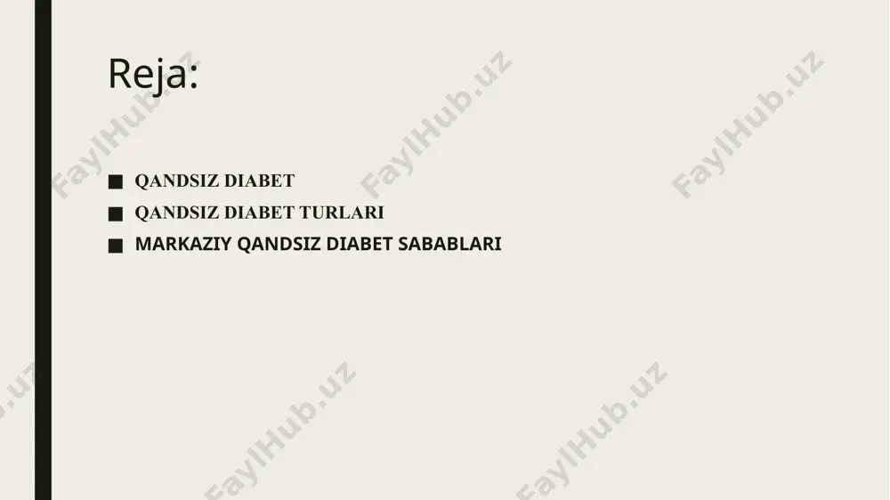 simon bezning tiroksin ishlab chiqarishini rag’batlantiradigan tireotrop gormon (gipofiz bezida sintez qilinadi) ajralishini kuchaytiradi. qandsiz diabet turlari qandsiz diabet rivojlanish mexanizmlarini hisobga olgan holda uni ikki asosiy turga bo’lish mumkin: markaziy qandsiz diabet. gipotalamusta vazopressin ishlab chiqarilishi yetishmovchiligi yoki uning gipofiz bezidan qonga o’tishi buzilishi natijasida shakllanadi. buyrakli (nefrogen) qandsiz diabet. ushbu shaklda vazopressin darajasi me’yorda bo’ladi, ammo buyrak to’qimasi unga reaktsiya bermaydi. bundan tashqari, ba’zida stressga javoban psixogen polidipsiya (kuchli chanqash) rivojlanadi. shu bilan birga, qandsiz diabet homiladorlik paytida shakllanishi mumkin. buning sababi — yo’ldosh (platsenta) fermentlari bilan vazopressinning parchalanishidir. odatda, kasallikning belgilari homiladorlikning uchinchi trimestrida namoyon bo’ladi, lekin tug’ruqdan keyin ular o’z-o’zidan yo’qolib ketadi. markaziy qandsiz diabet sabablari miya shikastlanishlari: gipofiz yoki gipotalamus o’smalari; bosh miyadagi operatsiyalardan keyingi asoratlar; sifilis; ba’zan o’tkazilgan infektsiyalardan so’ng rivojlanadi: o’rvi, gripp va boshqalar; ensefalit (bosh miyaning yallig’lanishi); bosh suyagi va bosh miya jarohati; gipotalamus yoki gipofizda qon aylanishning yomonlashuvi; gipofiz yoki gipotalamusning …