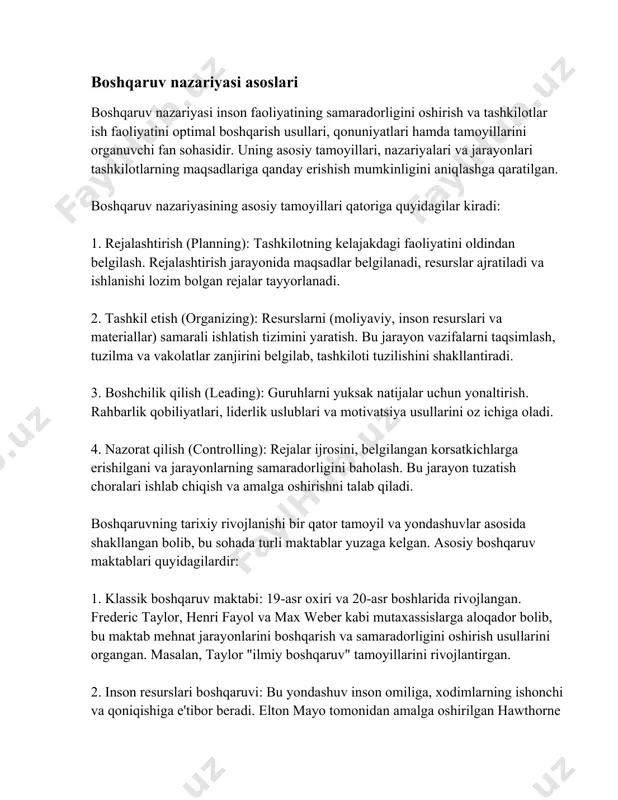 o tomonidan amalga oshirilgan hawthorne tajribasi bunday yondashuvning muhimligini ko'rsatgan. 3. berilish-dinamik yondashuv (contingency approach): boshqaruv modellarining umumiy emas, balki tashkilotning oziga xos holatlariga qarab tanlanishini ta'kidlaydi. har bir vaziyat ozgacha yondashuv vaqtidan sotiladi. boshqaruvning so'nggi yangiliklaridan biri texnologiya va raqamlashtirish jarayonlarini boshqarishdir. bu yondashuvda raqamli transformatsiyani tashkilot faoliyatiga, axborot texnologiyalari va sun'iy intellekt imkoniyatlarini biznes jarayonlariga integratsiya qilish muhim orin tutadi. texnologiyalar yordamida ish jarayonlarini optimallashtirish, natijadorlikni oshirish va bozorga moslashuv tezligini oshirish maqsadi qoyiladi. raqamlar yordamida boshqaruv yonalishida yutuqlarga erishish uchun katta ma'lumotlar (big data) va analitika jarayonlari ishlatilmoqda. masalan, mckinsey & company tomonidan otkazilgan tadqiqotlarda raqamlashtirish va analitika jarayonlardan samarali foydalanish tashkilotlarning samaradorligini 20% ga oshirish imkonini beradi. xulosa qilib aytganda, boshqaruv nazariyasi turli tamoyillar, yondashuvlar va texnologik yangiliklar yordamida tashkilotlarning muvaffaqiyatli ishlashini ta'minlab, muhitga moslashishni tezlashtiradi. bu soha boyicha bilim almashinuvi va yangiliklarni qayta korib chiqish har doim ozining dolzarbligini saqlab qoladi. strategik rejalashtirish strategik rejalashtirish …