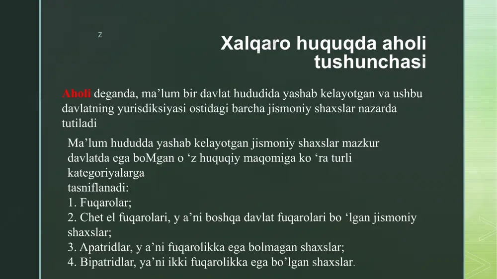 qonunning 13-moddasida ta ’kidlanganidek, tug‘ilgan paytida ota-onasi 0 ‘zbekiston respublikasi fuqarosi bo’lgan bola 0 ‘zbekiston respublikasi hududida yoxud 0 ‘zbekiston respublikasidan tashqarida tug‘ilgan bo‘lishidan qat’i nazar, 0 ‘zbekiston respublikasi fuqarosi hisoblanadi, y a’ni ushbu moddada qon huquqi prinsipi qo‘llanadi. z mazkur qonunning 14-moddasida esa tuproq huquqi prinsipi quyidagicha ifodalangan: ota-onasining fuqaroligi har xil botib, ulardan biri bola tu g ‘ilgan paytda o‘zbekiston respublikasi fuqarosi bo‘lgan quyidagi hollarda bola o‘zbekiston respublikasining fuqarosi hisoblanadi: 1) agar u о 'zbekiston respublikasi hududida tug‘ilgan bo‘lsa: 2) agar u o‘zbekiston respublikasi hududidan tashqarida tug‘ilgan bo‘lsa-yu, ota-onasi yoki ularning biri shu vaqtda 0 ‘zbekiston respublikasida doimiy istiqomat joyiga ega bo‘lsa. z maxsus tarzda mqaroiiicka ega bo'lish y o ‘llaridan biri-bu fuqarolikni in’om etish. ya’ni jismoniy shaxsning davlat uchun ko'rsatgan jasoratlari yoki xizmatlari uchun fuqarolikni irfom etilishi miimkin. ______ _____________ ________________ ma’lum bir davlatning bir qismi ikkinchi davlatning tasarrufiga o ‘tib, boshqa davlatning huquq tarkibiga kirganda ixtiyoriy …