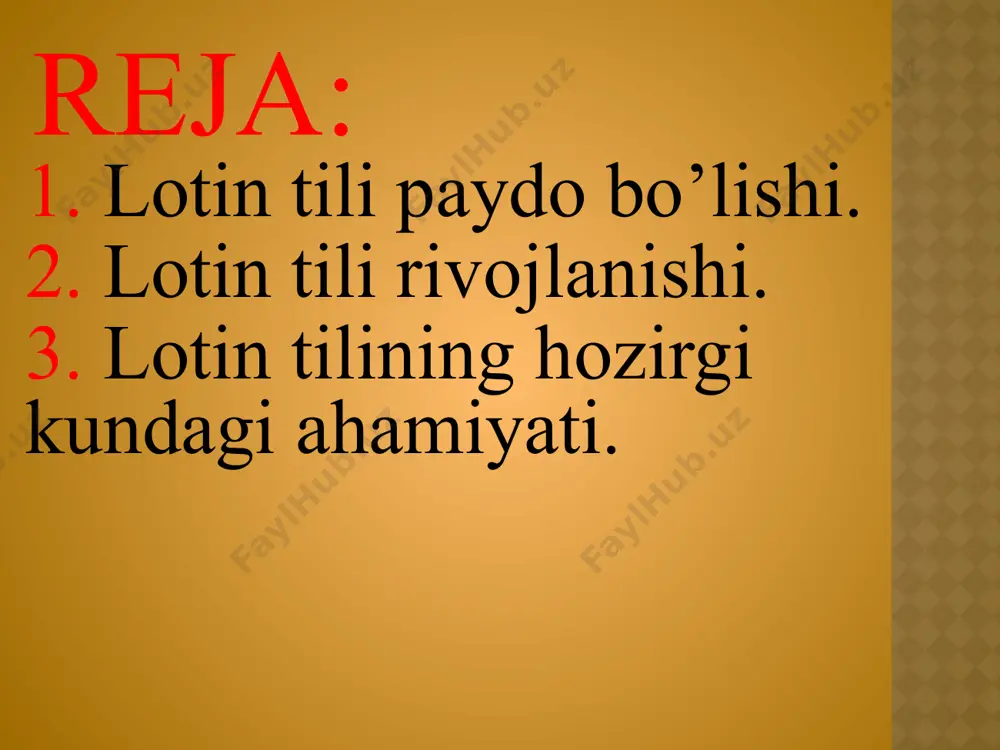 davom etdi, klassik lotin tilining asosiy lugʻat tarkibi va grammatik kurilishi barqarorlashdi. adabiy lotin tili tarqalgan barcha hududlarda u maʼmuriy boshqaruv, savdo-tijorat, maktab tili edi; oʻrta asrlarda butun gʻarbiy yevropa umumiy yozuv tili boʻlib qoʻllandi; 18—19-asrlargacha diplomatiya, ilm-fan va falsafa tili, 20-asrda esa katolik cherkovi tili, vatikanning (italyan tili bilan birga) rasmiy tili boʻlib qoldi. lotin tili yevropa madaniyati rivojida ulkan rol oʻynadi. yevropa tillaridagi siyosiy, ilmiy va texnik terminologik tizimlarning leksik jihatdan boyishi va koʻpayib borishiga ijobiy taʼsir koʻrsatdi. lotin tili qadimiy hind-yevropa tillariga xos, uni xett tili, hind-eron, kelt tillari bilan yaqinlashtiruvchi xususi-yatlarni saqlab qolgan. asosiy fonetik jihatlari unda unlilar chuzikli-gining fonologi k farqlanishiga egaligi, urgʻu soʻzning oxirgi boʻgʻiniga tushmasligi, undoshlarning kuchsizlanib borishi kabilardan iborat. morfologik xususiyatlari: fleksiyadan shakl yasashning asosiy vositasi sifatida foydalanish, fleksiyaning 5 turi mavjudligi, turlanishning 6 kelishikka asoslanishi, feʼllarda 3 xil mayl (indikativ, konʼyunktiv, imperativ) va 2 xil nisbat (aktiv va oʻrta passiv) farqlanishi …
