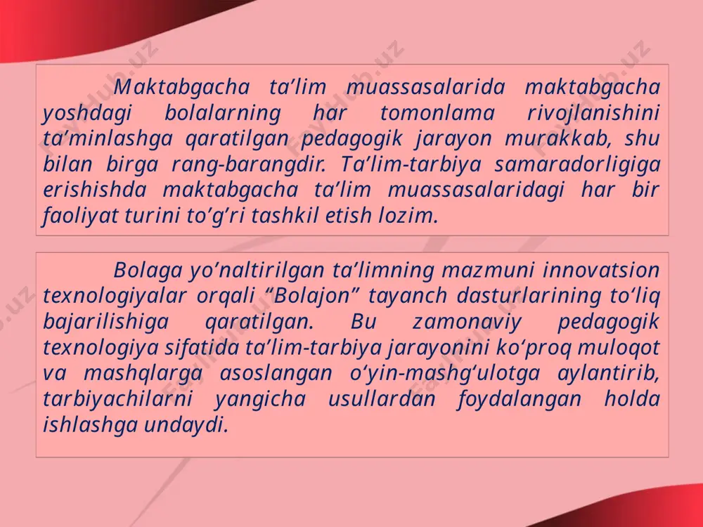 b, unga erishish yo’llarini izlab topadi. 6. mazkur o‘yinlar bolalarni qiyin vaziyatdan qutulish choralarini izlab topishga, fikrlarini bayon etishda bir xillikdan qochishga o‘rgatadi. 1. guruhga 2 ta qutichada sovg‘a olib kelinadi. birida mevali va manzarali daraxtlar rasmi. ikkinchisida esa shu daraxtlar bargi. bolalar har bir daraxtga tegishli barglarini topishlari kerak. mashg’ulotlarda bunday o’yinlardan foydalanish: 2. guruhga kasbga oid rasm va predmetlar solingan 2 ta xatjild beriladi. bolalar qaysi kasb egasiga qanday ish quroli zarurligini aniqlashlari hamda kasblarning hayotdagi o‘rni haqida so‘zlab berishlari lozim. maktabgacha ta’lim muassasalarida tashkil etilayotgan mashg’ulotlarda qo’llanilayotgan interfaol usullar ta’lim samaradorligi hamda muhitini yaxshilaydi. tarbiyachilarning kasbiy mahorati oshadi, bolalar ijtimoiy muhitda, jamoasida o’z o’rnini his qila boshlaydi. hozirgi kun talabi tez o’zgaruvchan, murakkab va o’zaro bir-biriga bog’liq dunyoda o’z o’rnini topa oladigan shaxsni tarbiyalashdir. ta’limiy maqsad: mashg‘ulot davomida interfaol usullarni qo‘llash orqali bolalarning fikrlash doirasini kengaytirish, so‘zlarni bo‘g‘inlarga bo‘lish, tovushli arifmetik amallarni bajarishga o‘rgatish. tarbiyaviy maqsad: bolalar …