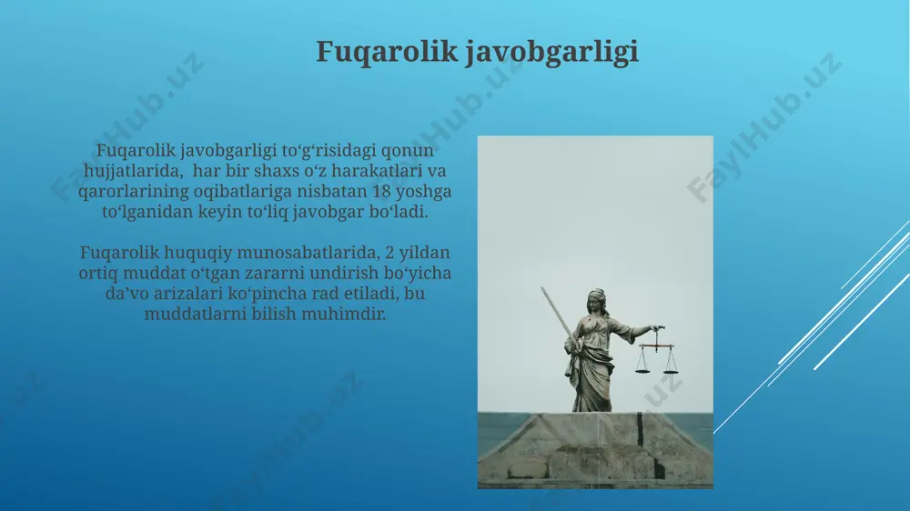 adi. fuqarolik huquqining asosiy tamoyillari davlatning aralashuvi minimal bo'lgan erkin bozor iqtisodiyoti sharoitida 3 ta asosiy tamoyil – mustaqillik, tenglik va adolat tamoyillari muhim rol o'ynaydi. fuqarolik huquqiy munosabatlarida 2 ta asosiy subyekt – jismoniy va yuridik shaxslar ishtirok etadi, ularning huquq va majburiyatlari qonun bilan belgilanadi. xususiy mulk huquqi xususiy mulk huquqining obyekti sifatida har qanday mol-mulk, shu jumladan, ko'chmas mulk (yer uchastkasi, binolar), ko'chmas mulk (avtomobillar, qimmatbaho buyumlar) va intellektual mulk (patentlar, mualliflik huquqi) bo'lishi mumkin. o'zbekiston respublikasi fuqarolik kodeksining 196-moddasiga ko'ra, xususiy mulk huquqi davlat tomonidan himoya qilinadi va bu huquqning buzilishi uchun 20 dan ortiq moddada javobgarlik belgilab qo'yilgan. e'tiboringiz uchun rahmat @taqdimot_robot image1.jpg image2.jpg image3.jpg image4.jpg image5.jpg image6.jpg image7.jpg image8.jpg image9.jpg image10.jpg image11.jpg image12.jpg