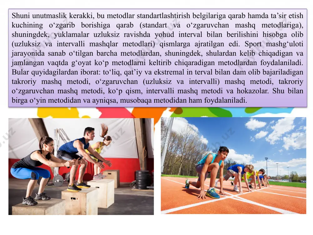 smlarga ajratishni ang-lash, bir butun bo’lish qonuniyatlarini bilish orqali amalga oshiriladi. bo’laklarga bo’lish qismlarga ajratib o’rgatish usuliya-tining harakterli belgisi hisobdlanadi. u butun bir harakat faoliyatini egallashni yengllashtiruvchi boshlanich bir etap xolos, yakuni bo’lib harakatni to’la o’rganish tushuniladi. yakunida o’quvchilar harakat faoliyatini boshlanishidan oxiri-gacha bir butun deb qabul qilishlari lozim. bu qo’shilishning ijrosida asosiy va ikkinchi darajali elementlar bo’lishi mumkin emas, ularning hammasi muhimdir. barchasi u yoki bu darajada o’zida umumiy yutuqga poydevor quradi. harakat faoliyatini qismlarga ajratish usullari turli tuman bo’ladi, lekin ularning har biri oxirida aniq yo’llanma beruvchi mashqlarning vujudga kelishiga olib keladi. o’zining vazifasiga ko’ra hamda tabiatiga ko’ra to’la bir butun hara-katning “bo’laklari-elementlari” bilan printsipial farqga ega bo’lmaydi va maqsadga muvofiq yo’naltirilgan bo’laklarga bo’lish jarayonining natijasi hisoblanadi. 1. u yoki bu harakat faoliyatida faoliyatni vazifaga bo’ysundirish oldindan belgilanganligi, o’rnatilgan qoidalar bilan muvofiqligi. bunday vazifalar o’quvchilar ijodiy faol-ligini stimullovchi faktorlardan bo’lib, ularning tayyorgarligini baholash va taqqoslashning o’lchovidir. 2. yuqori …