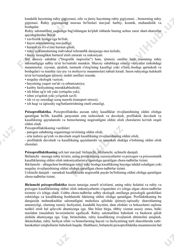 ga, klinik psixologiya esa asosiy e'tiborni ruhiy buzilishning o'ziga xos xususiyatlariga qaratadi. ruhiy kasalliklarda yuzaga keladigan psixologik haqiqat. klinik psixologiya va nevrologiya o'rtasidagi bog'liqlik psixo-neyron parallelizm kontseptsiyasida namoyon bo'ladi: ruhiy sohadagi har bir hodisa, albatta, asab tizimi darajasida (nafaqat markaziy, balki periferik) alohida hodisaga mos keladi. hatto tibbiyotning alohida fanlararo sohasi - psixonevrologiya mavjud. klinik psixologiya va psixofarmakologiya o'rtasidagi bog'liqlik dori vositalarining oxirgi psixologik ta'sirini o'rganishda yotadi. bu, shuningdek, yangi dori birikmalarini ishlab chiqishda platsebo effekti muammosini o'z ichiga oladi. klinik psixologiyaning oliy nerv faoliyati fiziologiyasi va psixofiziologiyasi bilan bog'liqligi patopsixologik jarayonlar va ularning fiziologik korrelyatsiyalari o'rtasidagi bog'liqlikni izlashda namoyon bo'ladi. klinik psixologiyaning maxsus psixologiya va pedagogika bilan aloqasi bolalar va o'smirlarning aqliy faoliyatining buzilishi yoki shaxsiy rivojlanish anomaliyalari natijasida yuzaga kelgan muammoli xatti-harakatlarini tuzatish yo'llarini izlashda namoyon bo'ladi. klinik psixologiyaning asosiy bo'limlari: patopsixologiya, neyropsixologiya psixosomatik tibbiyot. bundan tashqari, u ko'pincha psixoterapiya, reabilitatsiya, psixogigiena va psixoprofilaktika, deviant xatti-harakatlar psixologiyasi, chegaradagi …